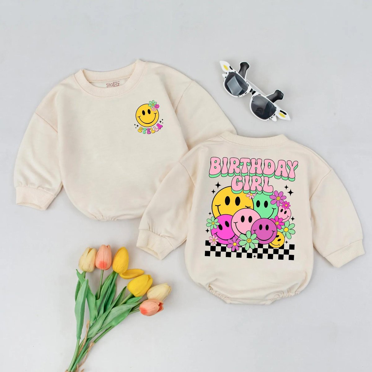 Personalized Smiley Face Birthday Romper Custom Birthday Baby Girl Outfit Happy Face Newborn Clothes 434