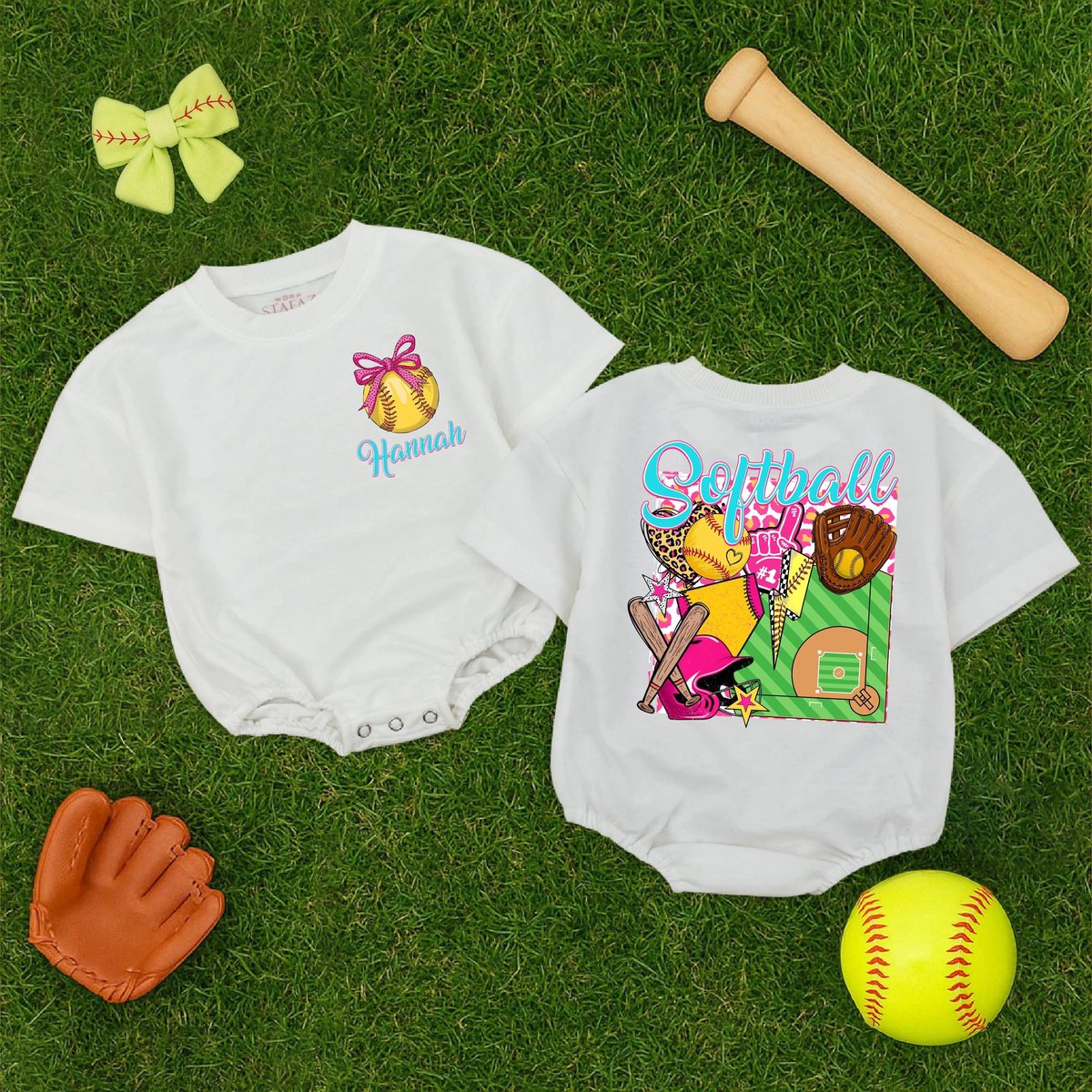 Personalized Softball Baby Girl Bubble Romper Softball Pink Bow Baby Bodysuit Game Day Outfit for Gi 189