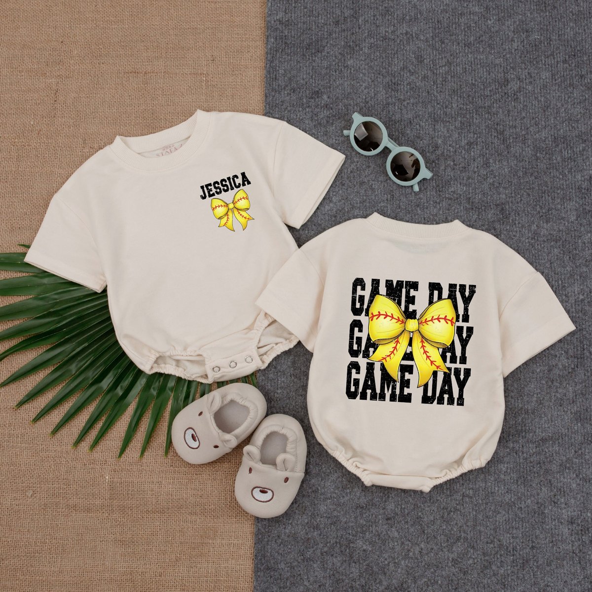 Personalized Softball Baby Romper Softball Season Retro Softball Bow Baby Softball Game Day Romper B 179