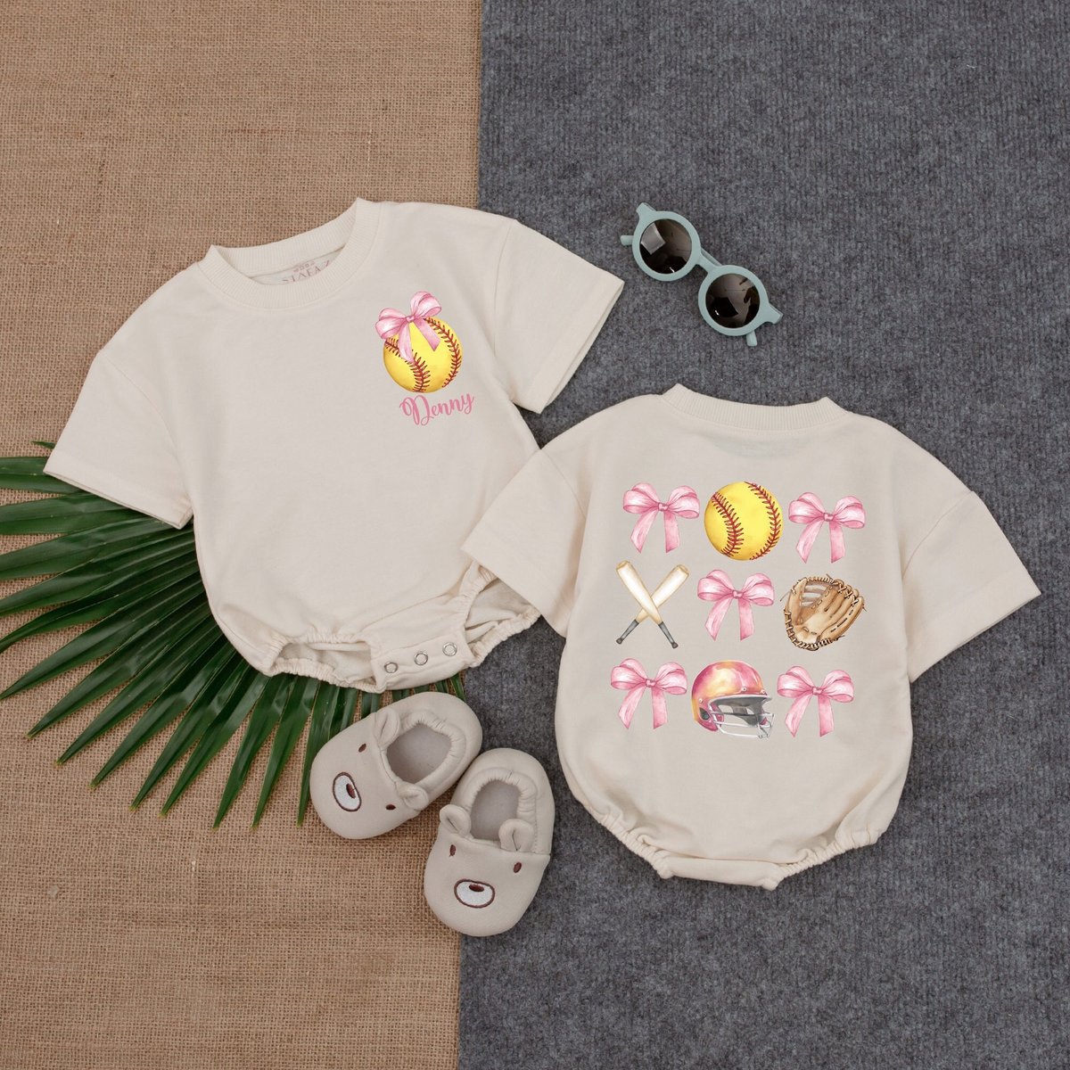 Personalized Softball Bow Bubble RomperSoftball Pink Bow BirthdayGame Day Baby ClothesBaby ClothesSh 178