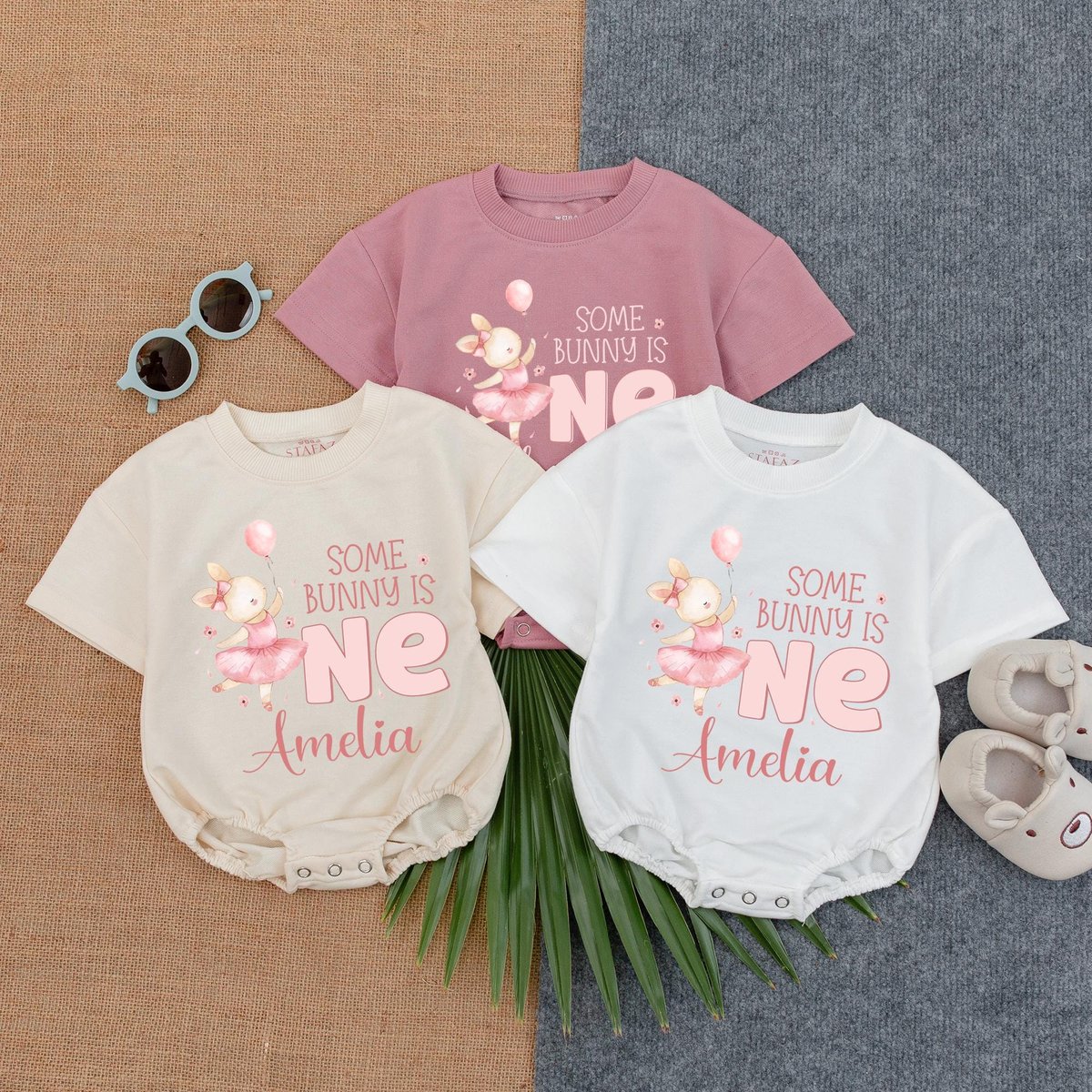 Personalized Some Bunny is one Bubble Romper Neutral Bunny Birthday Outfit Bunny Birthday Party Clot 187