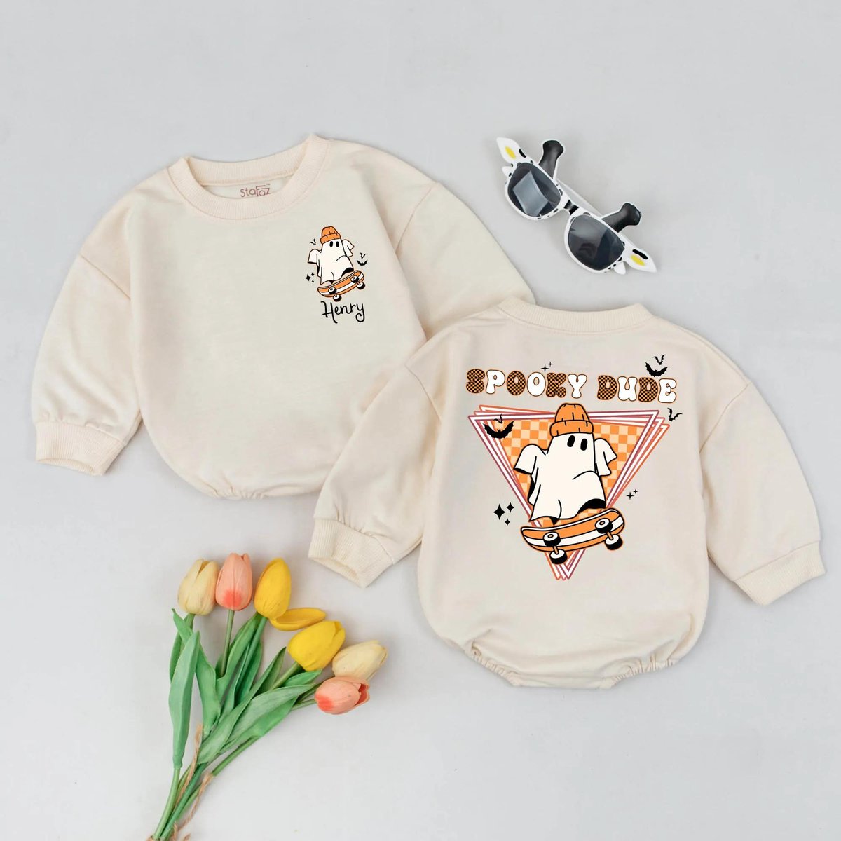 Personalized Spooky Dude Halloween Romper Skateboard Ghost Baby Outfit Halloween Baby Boy Bodysuit F 435