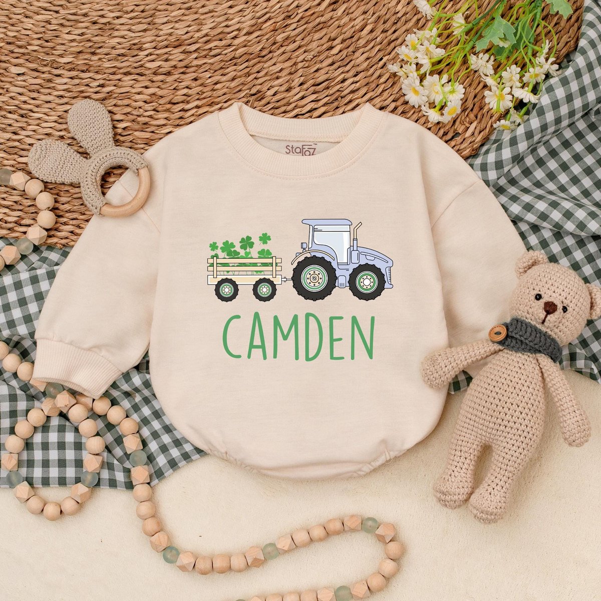 Personalized St Patrick Tractor Baby Bubble Romper St. Patrick's Day Boys Bodysuit Baby Patrick's 186