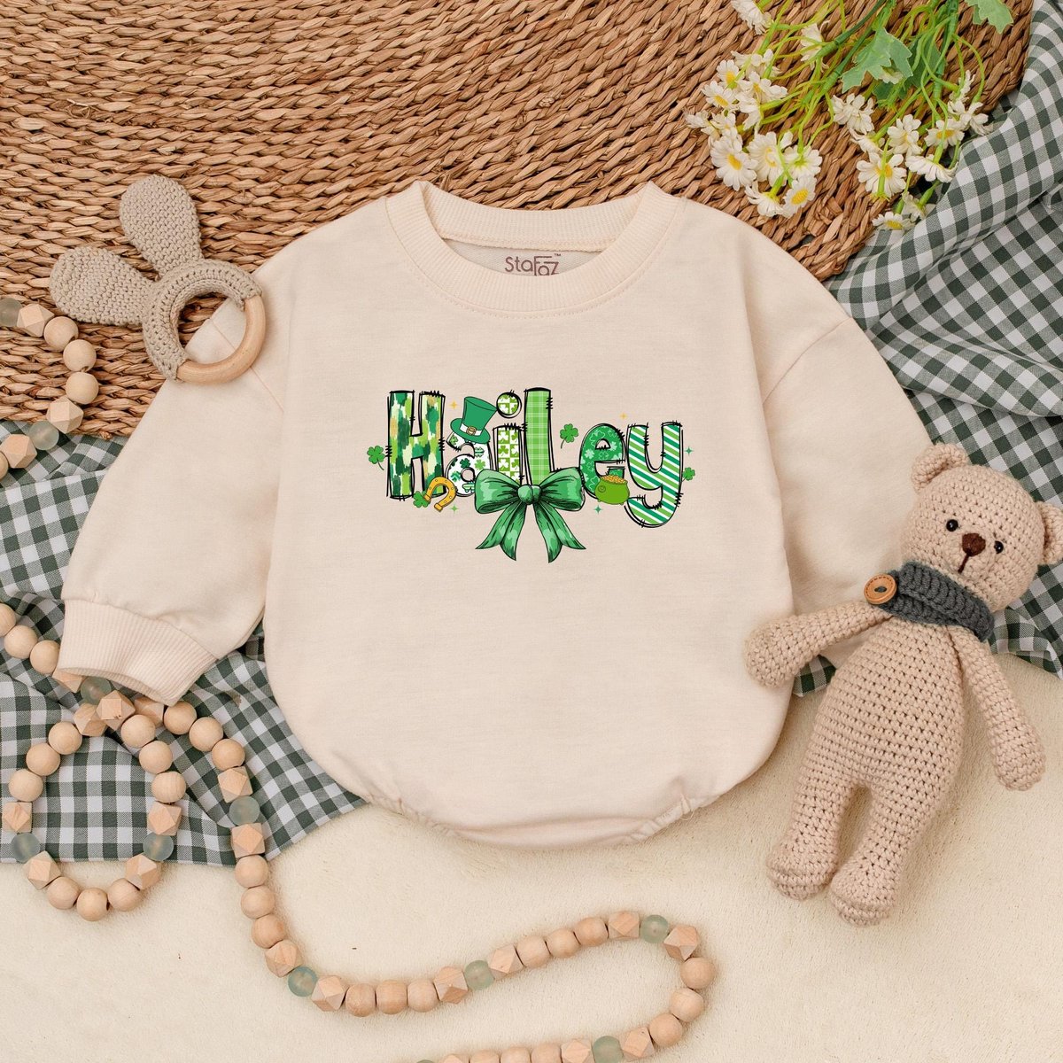 Personalized St Patrick's Day Baby Romper Custom Name Patrick Bow Bodysuit Baby Patrick's Day Outf 185