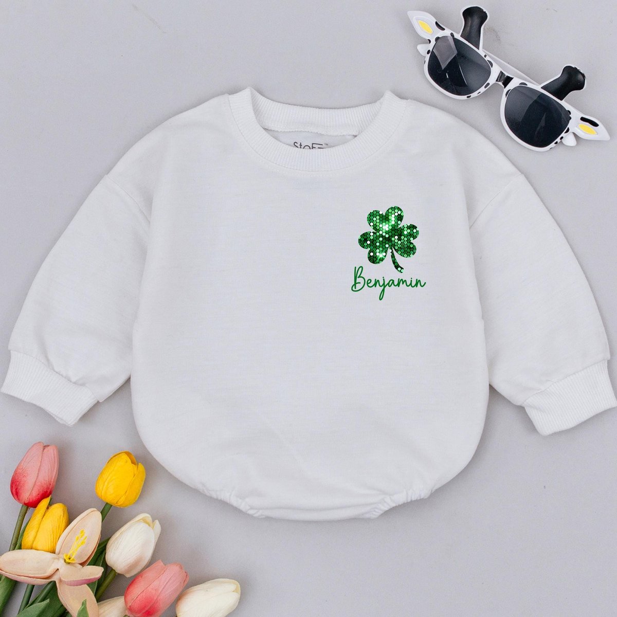 Personalized St. Patrick Day Clover Baby Romper Mix Sequin Real Glittery Sparkle Bling Bling Shamroc 184
