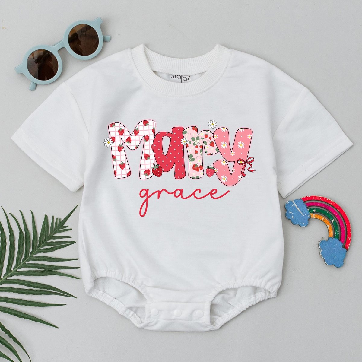 Personalized Strawberry Baby Bubble Romper Summer Baby Bodysuit Cute Fruit Baby Outfit Custom Birthd