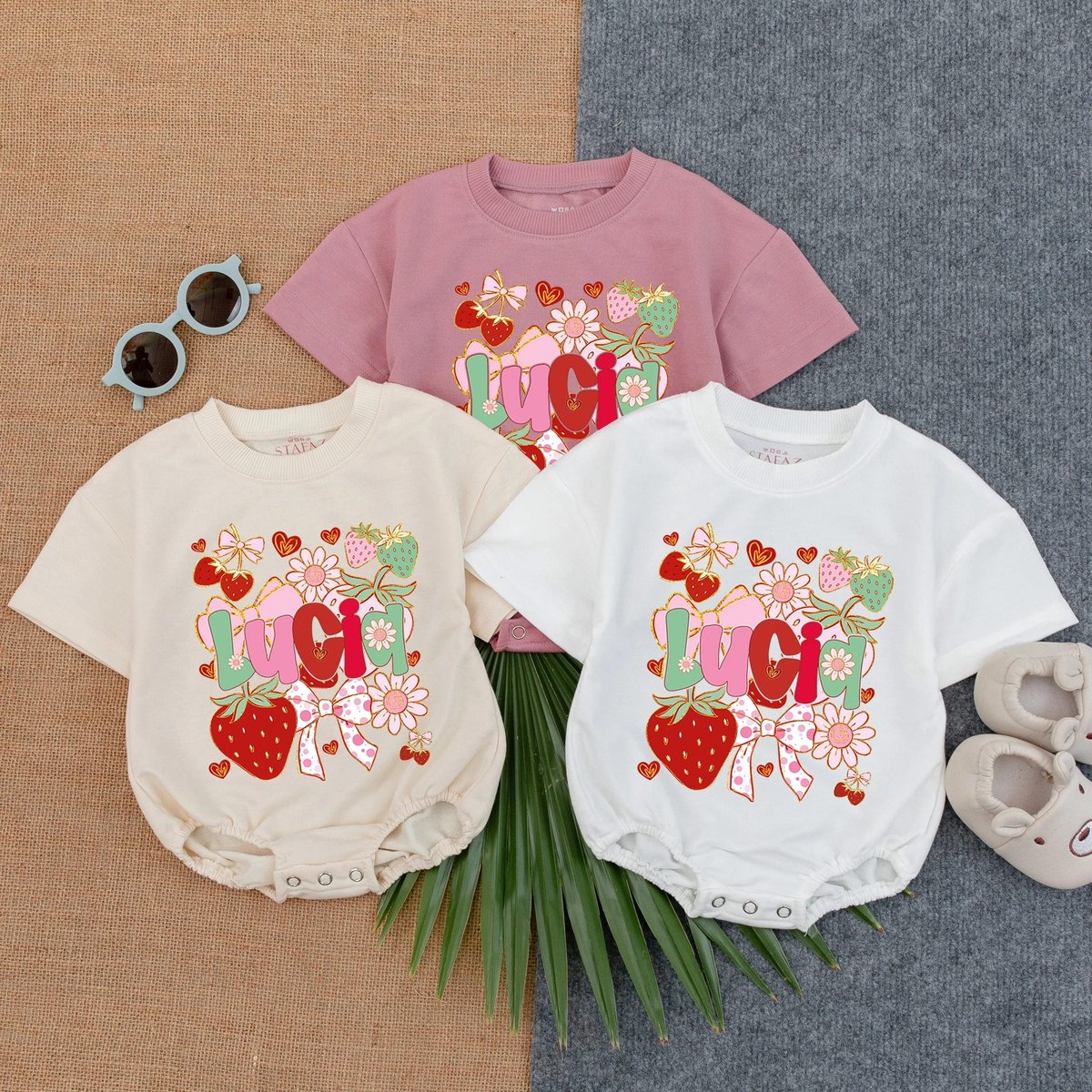 Personalized Strawberry Name T shirt Bubble Romper Baby Girl Clothes Infant Outfit with Bow Baby Gif 431