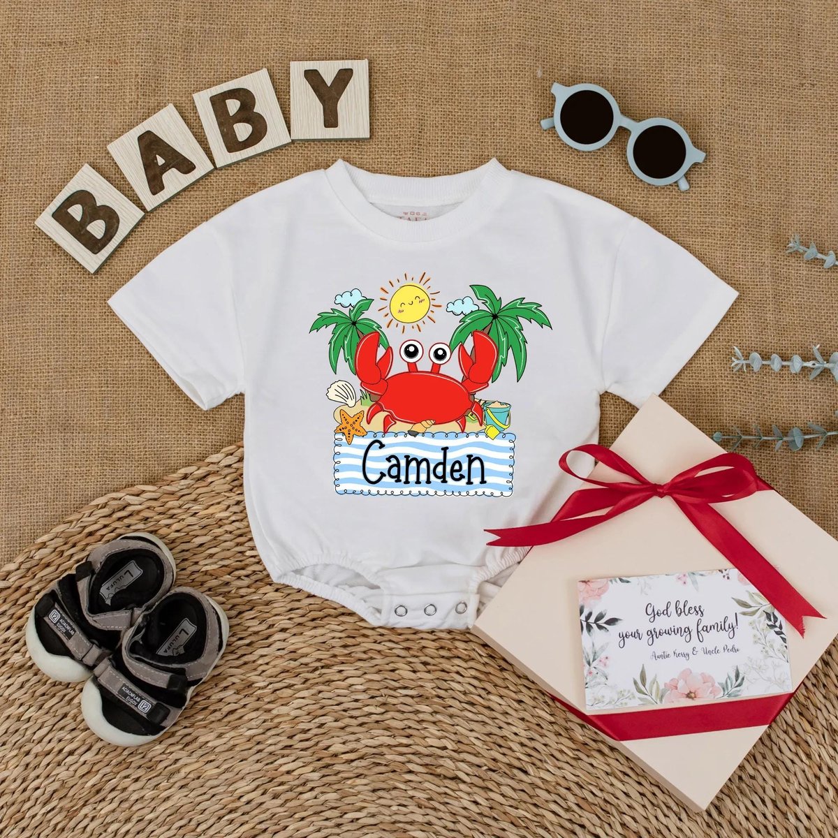 Personalized Summer Crab Baby Romper Custom Name Beach Outfit for Baby Cute Summer Baby Boy Girl Bod 431