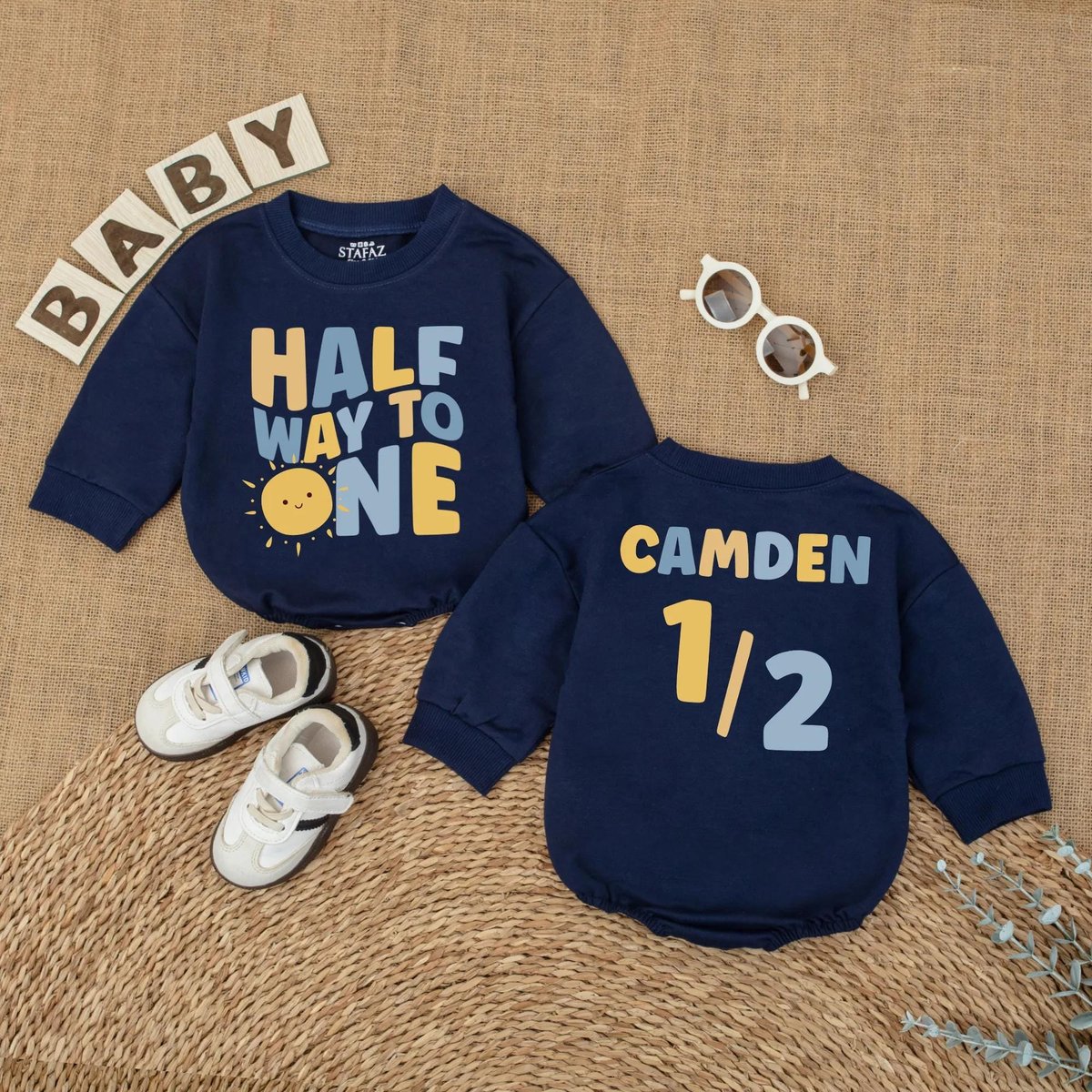 Personalized Sunshine Half Way to One Baby Romper Half Birthday Baby Bodysuit Custom Name Outfit for 433