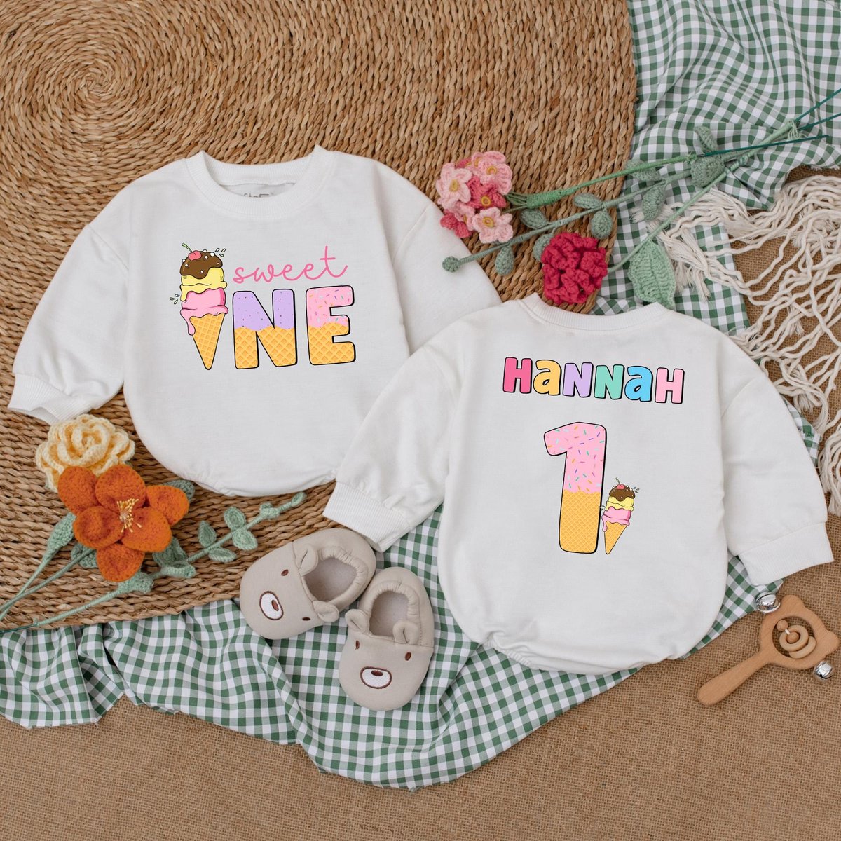 Personalized Sweet One Ice Cream Romper Ice Cream 1st Birthday Bodysuit Girl First Birthday Outfit I 186