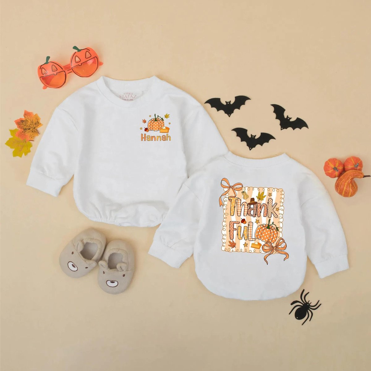 Personalized Thankful Baby Romper Autumn Baby Bodysuit Custom Name Fall Baby Outfit Pumpkin Thanksgi 432