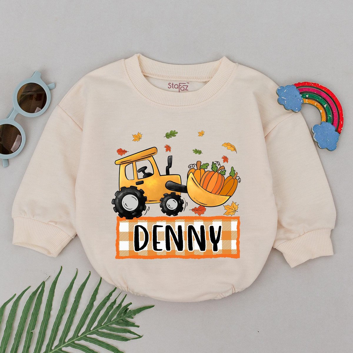 Personalized Thanksgiving Pumpkin Bulldozer Romper Pumpkin Baby Romper Fall Baby Outfits First Thank