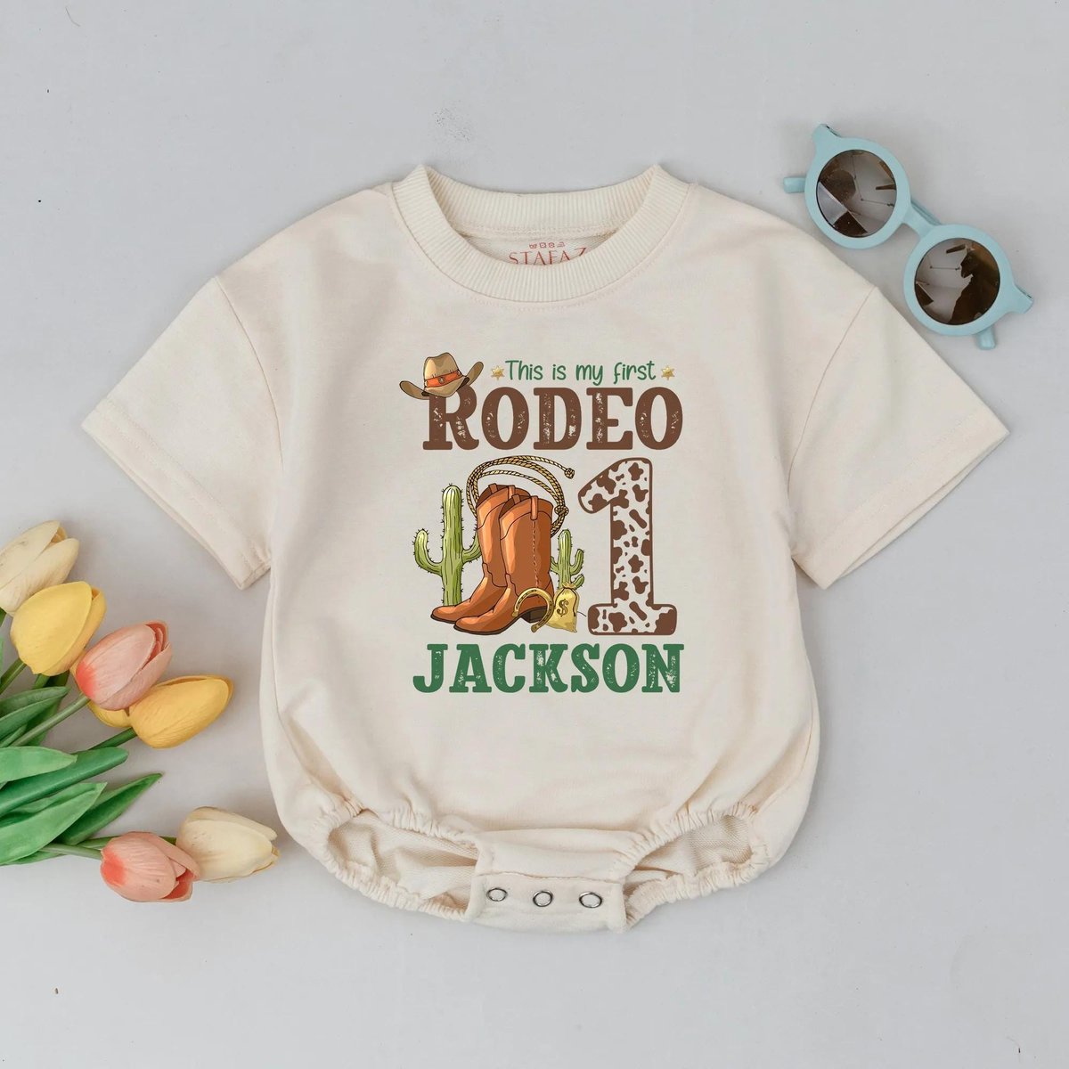 Personalized This is My First Rodeo Bubble Romper Custom Name 1st Birthday Boy Bodysuit Cowboy Theme 434