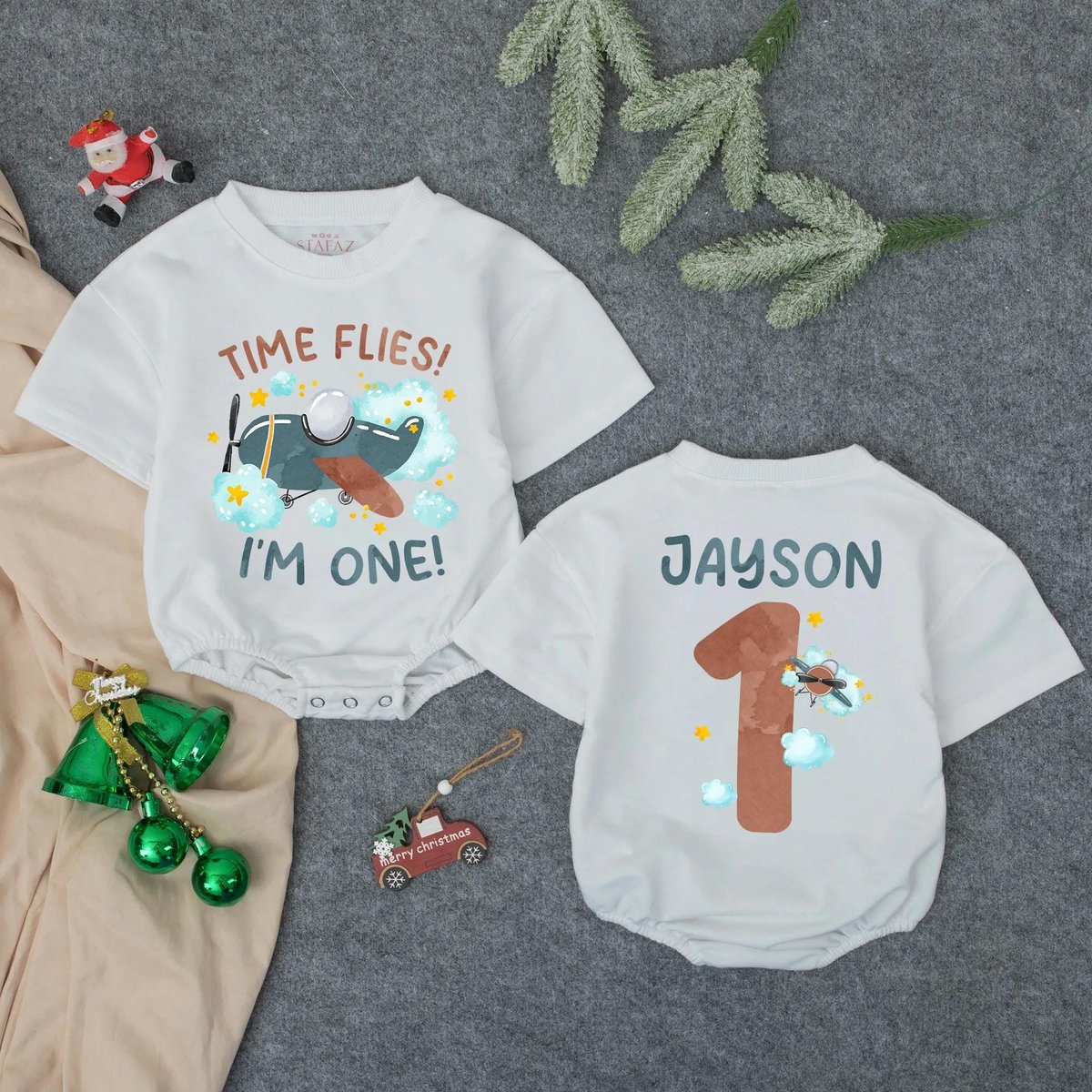Personalized Time Flies Baby Romper First Birthday Baby Outfit I'm One 1st Birthday Outfit Airplane 436