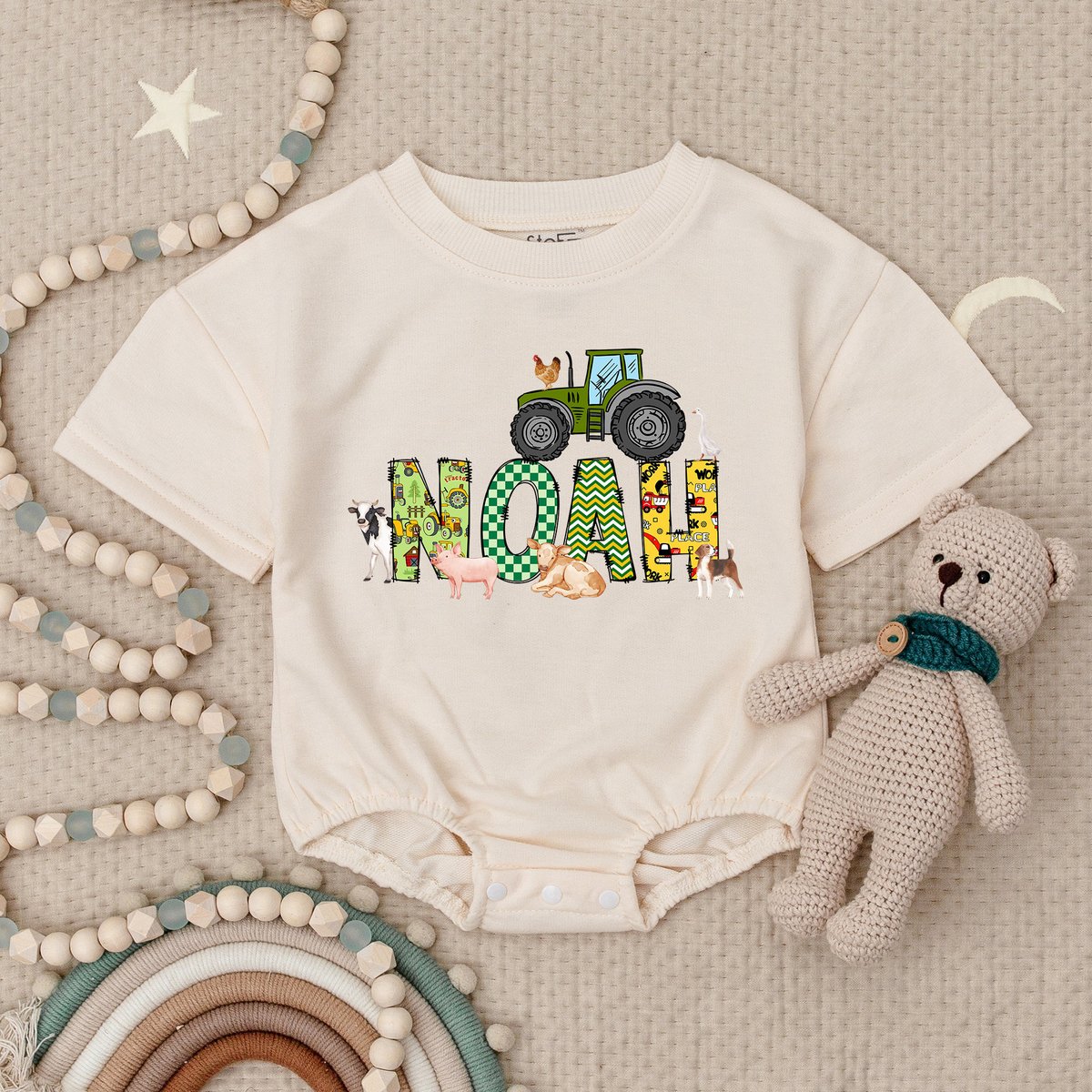 Personalized Tractor Name Baby Romper Tractor Birthday Outfit Baby Boy Birthday Boy Farm Bodysuit Bu