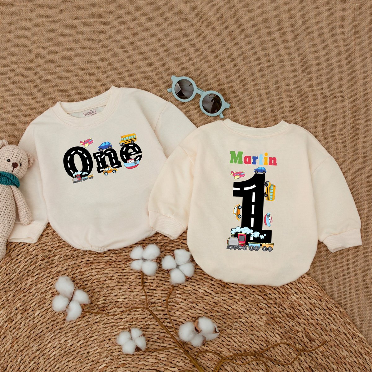 Personalized Transportation First Birthday Romper 1st Birthday Bodysuit Transportation Party Newborn 171