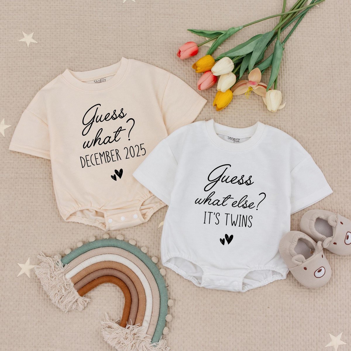 Personalized Twin Guess What Baby Romper Funny Twin Babysuit Funny Announcement Twin Bodysuit Custom