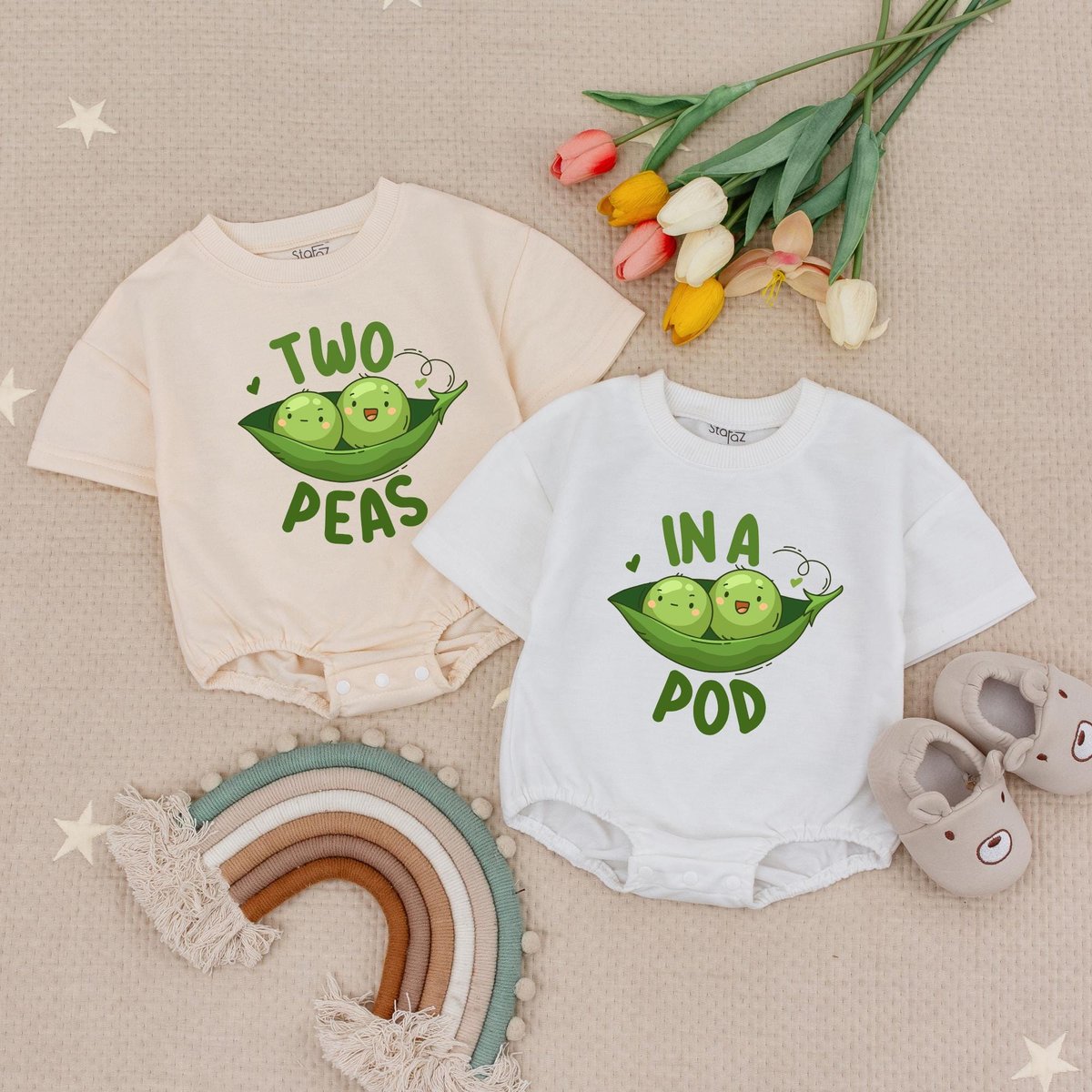 Personalized Two Peas In A Pod Twin Baby Romper Twin Babysuit Funny Peas Twin Babysuit Cute Best Fri