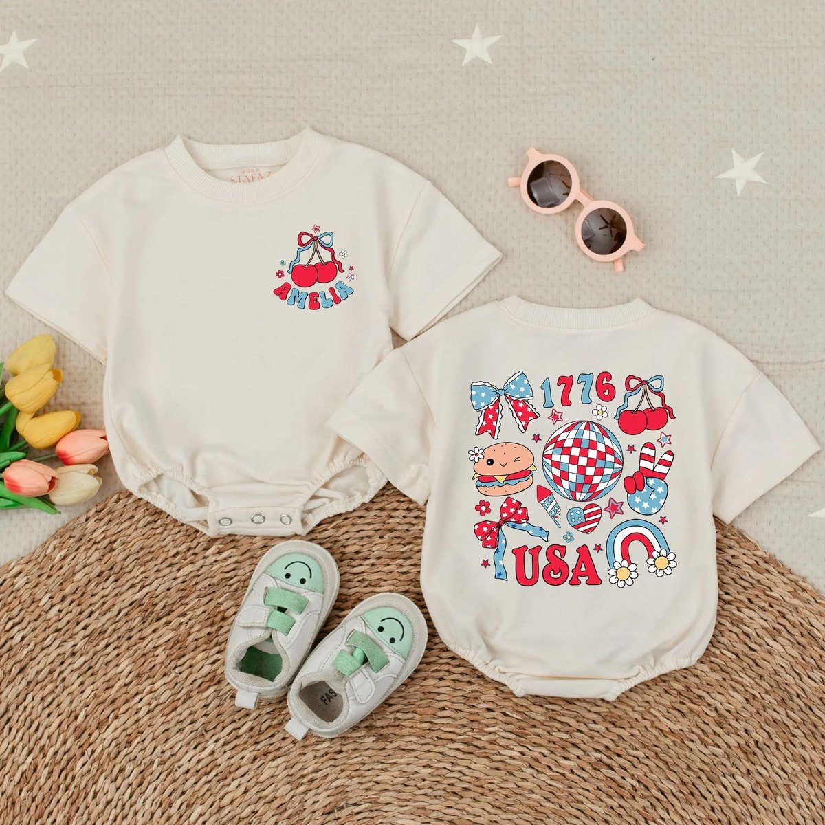 Personalized USA 4th of July Baby Romper Custom Name Short Sleeve Baby Outfit Cute Baby Independence