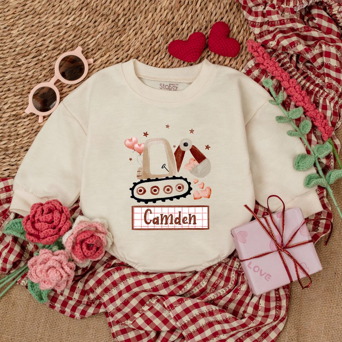 Personalized Valentine Excavator Baby Romper Baby Boy Valentine Bodysuit Custom Name Valentine's Da 182