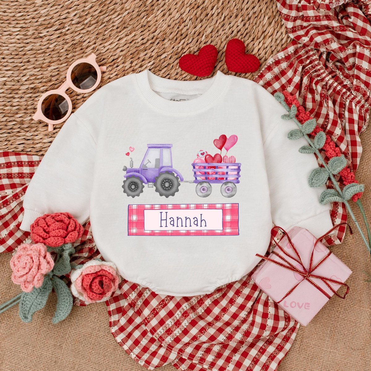 Personalized Valentine Purple Tractor Baby Romper Baby Girl Valentine Bodysuit Custom Name Valentine 183
