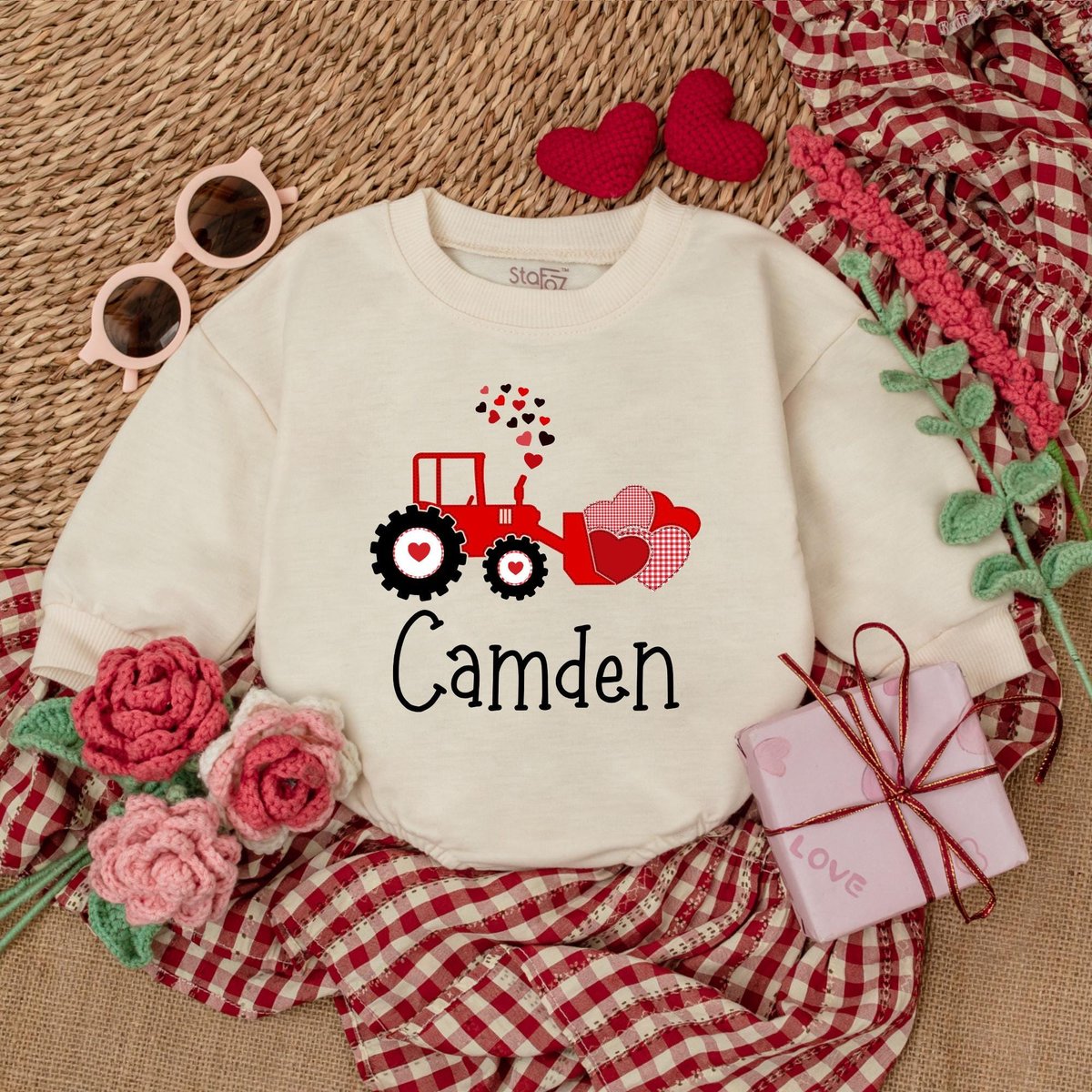 Personalized Valentine Red Tractor Baby Romper Baby Boy Valentine Bodysuit Custom Name Valentine's 181