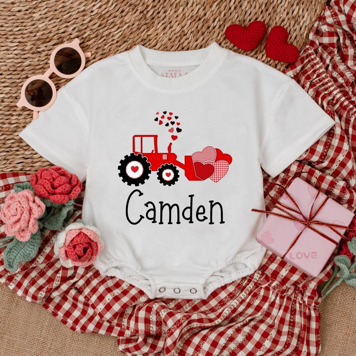 Personalized Valentine Red Tractor Baby Romper Baby Boy Valentine Bodysuit Custom Name Valentine's 185