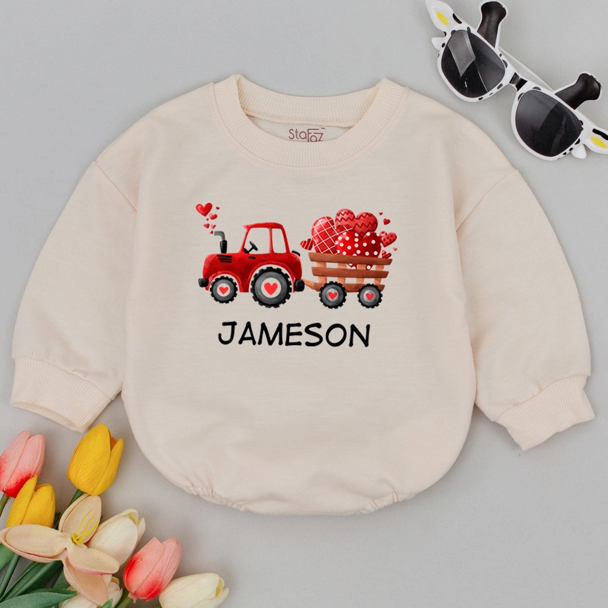 Personalized Valentine Tractor Baby Romper Custom Name Valentine's Day Red Truck Baby Outfit Farm T 183