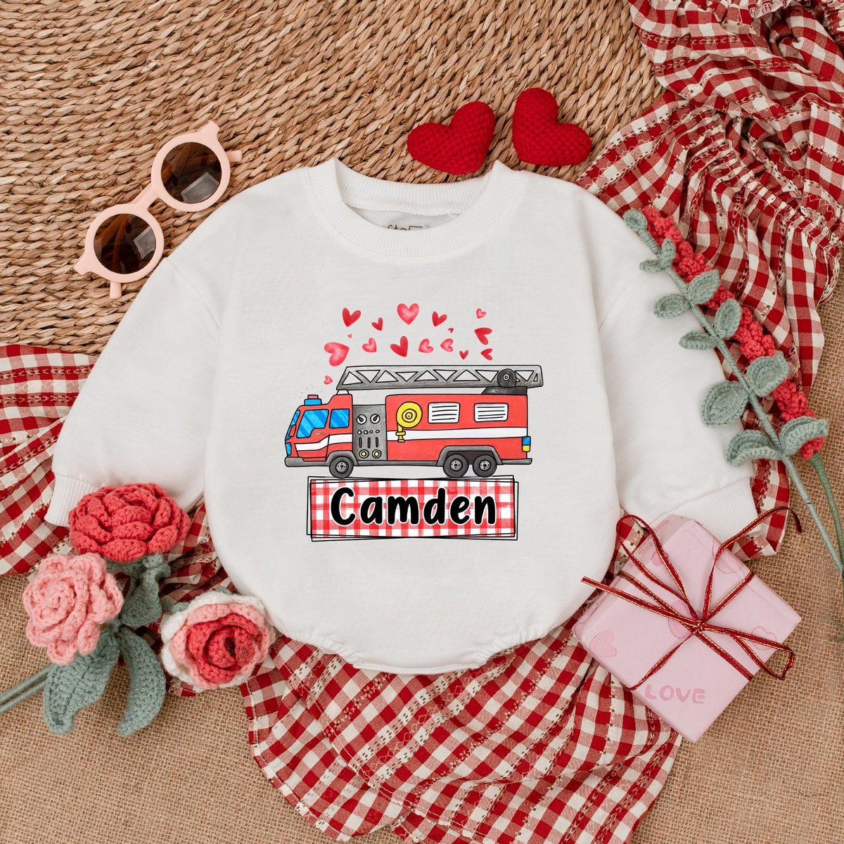 Personalized Valentines Fire Truck Romper Valentines Day Bodysuit Valentine Bubble Romper First Vale 183