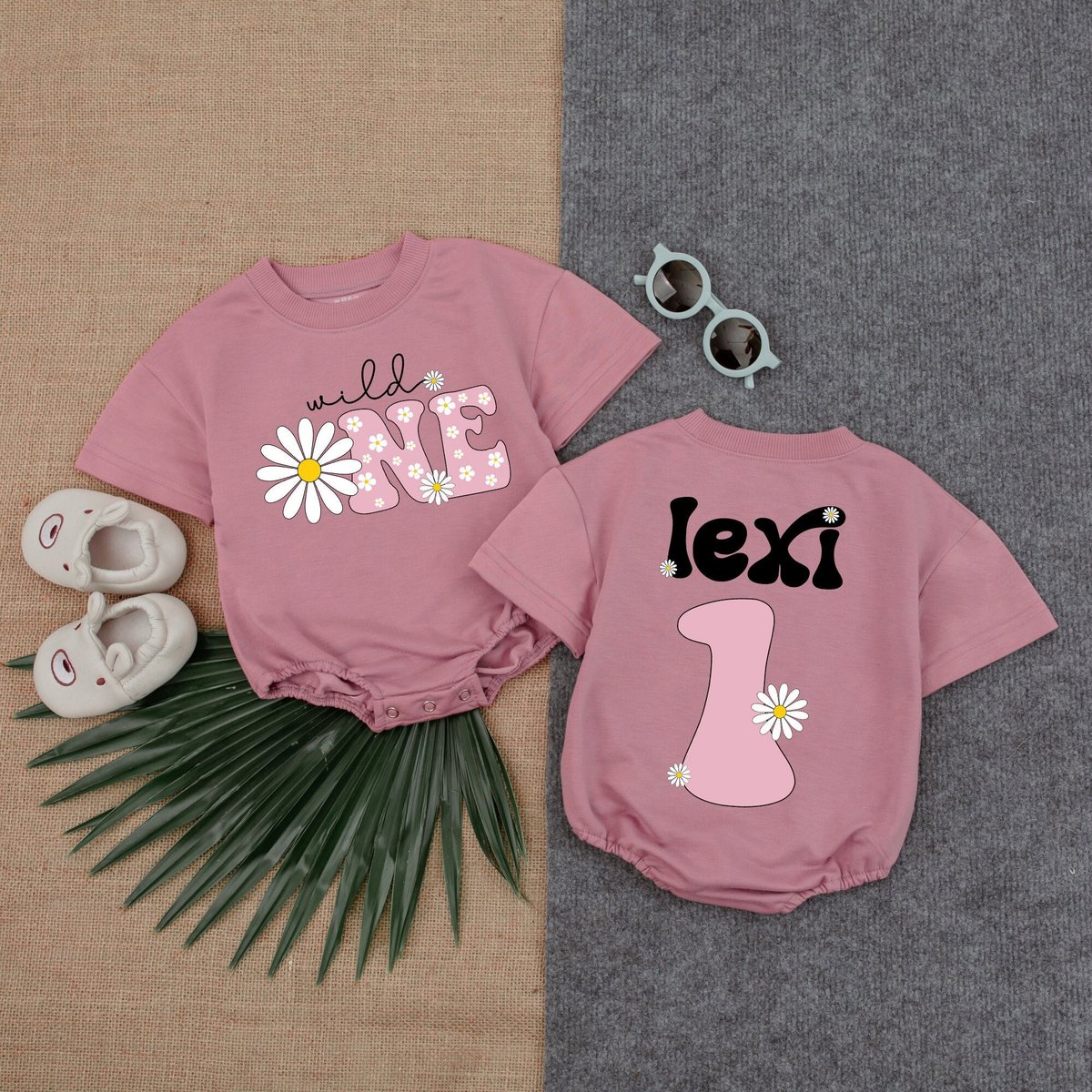 Personalized Wild One Daisy Short Sleeve Romper First Birthday Outfit Pink Theme Birthday Shirt Bu 177