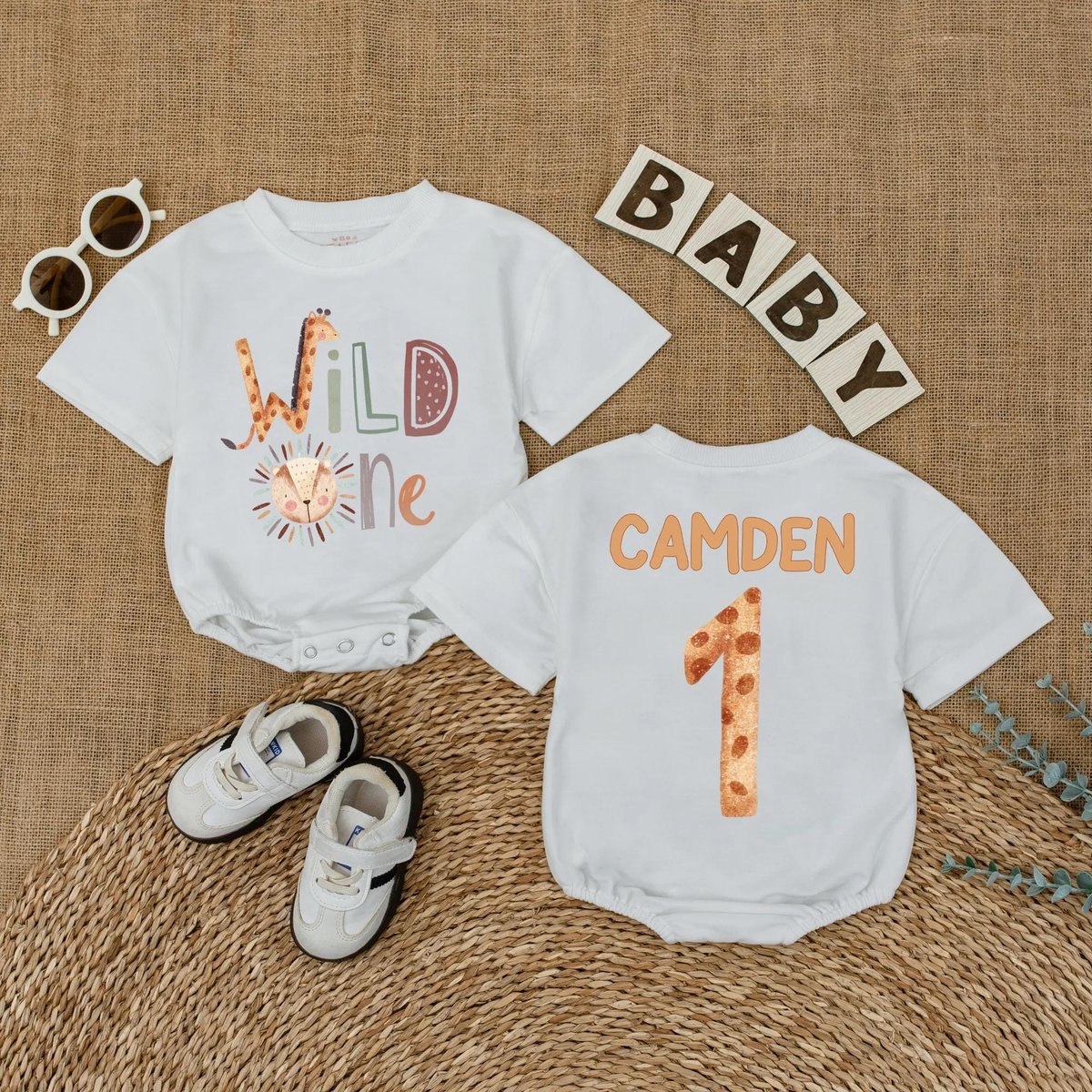 Personalized Wild One Safari Animals Baby Romper Jungle 1st Birthday Outfit Custom Name Bodysuit for 433
