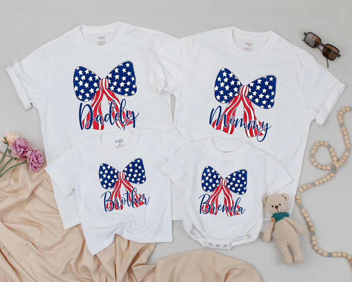 Perspnalized Bow 4th of July Matching Family Shirts Patriotic Red White Blue Outfit USA Flag Bow Fam 430