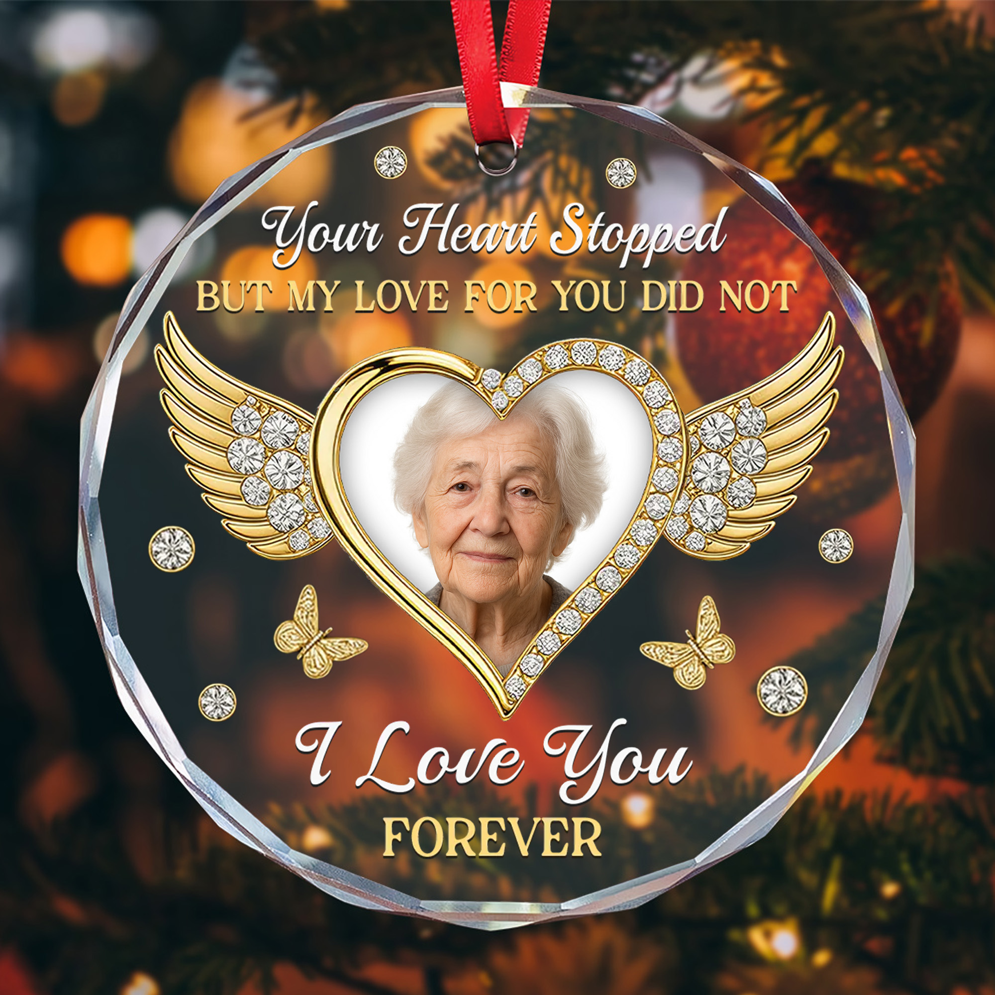 Personalized Photo Memorial Ornament - Faceted Glass Angel Wings - Sympathy Gift for Loss of Loved One-GLO-S25A2