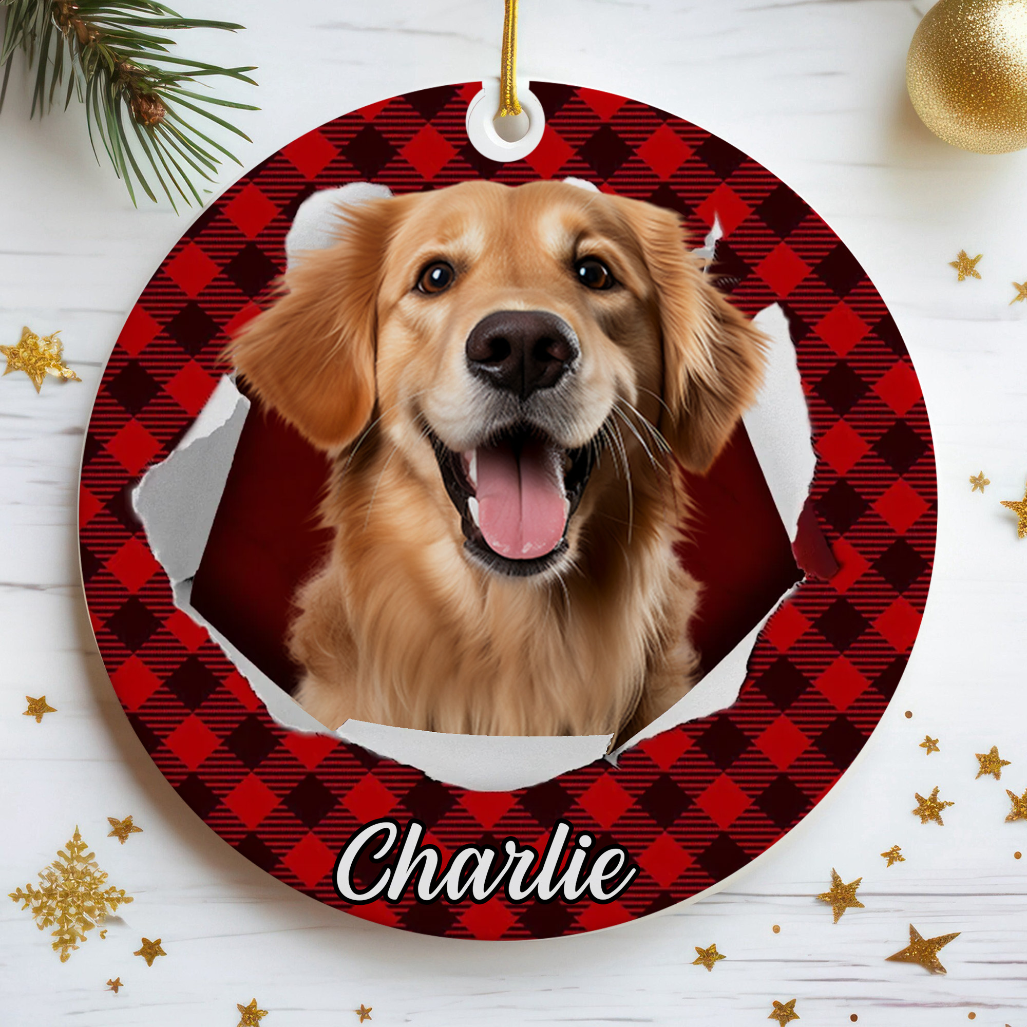 Personalized Dog Photo Ornament with Name Red Buffalo Plaid Ceramic Keepsake Christmas Gift for Pet Lovers-COR-6INJT