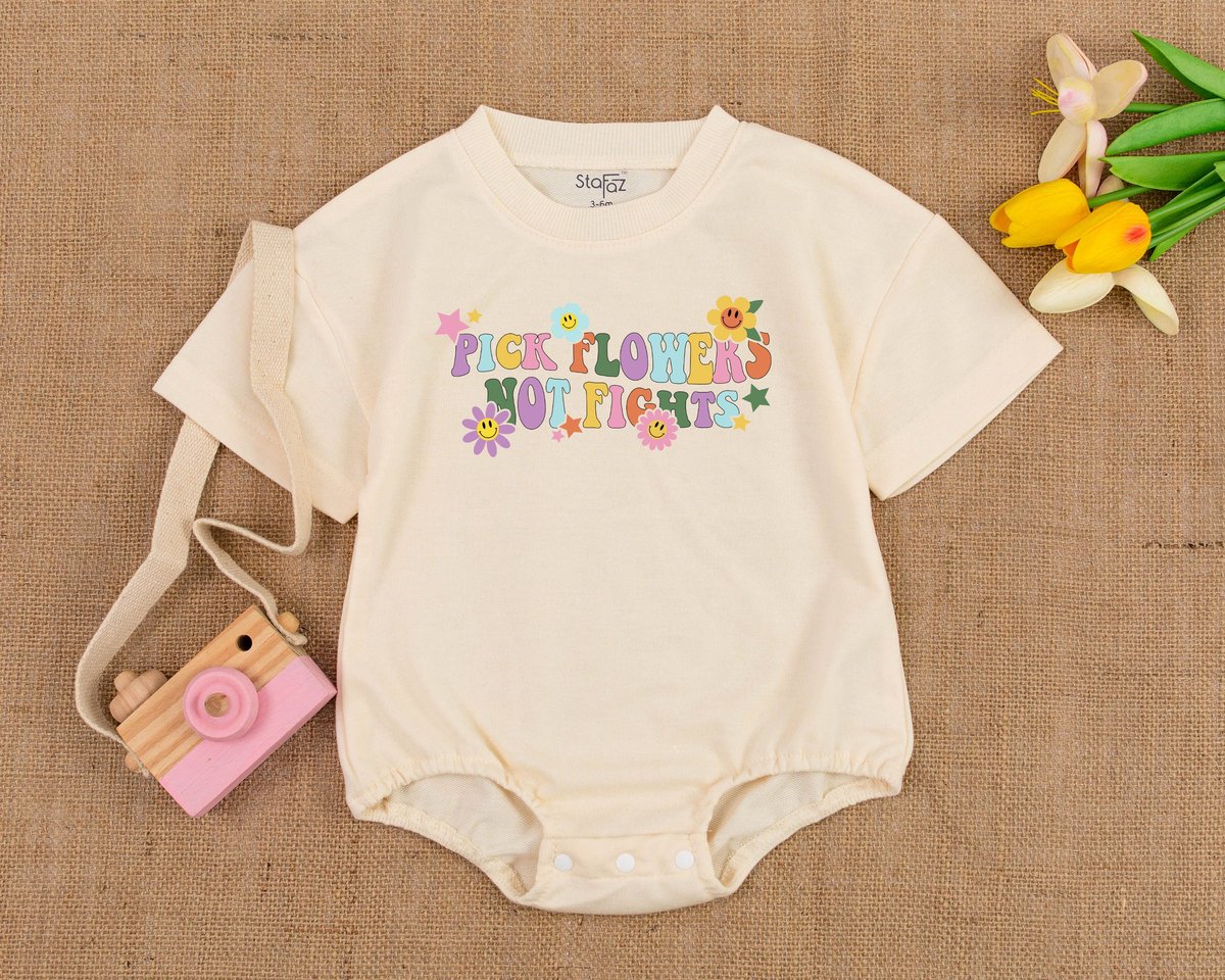 Pick Flowers Not Fights Hippie Baby Romper Groovy Baby Shower Bubble Romper Vintage Baby Romper