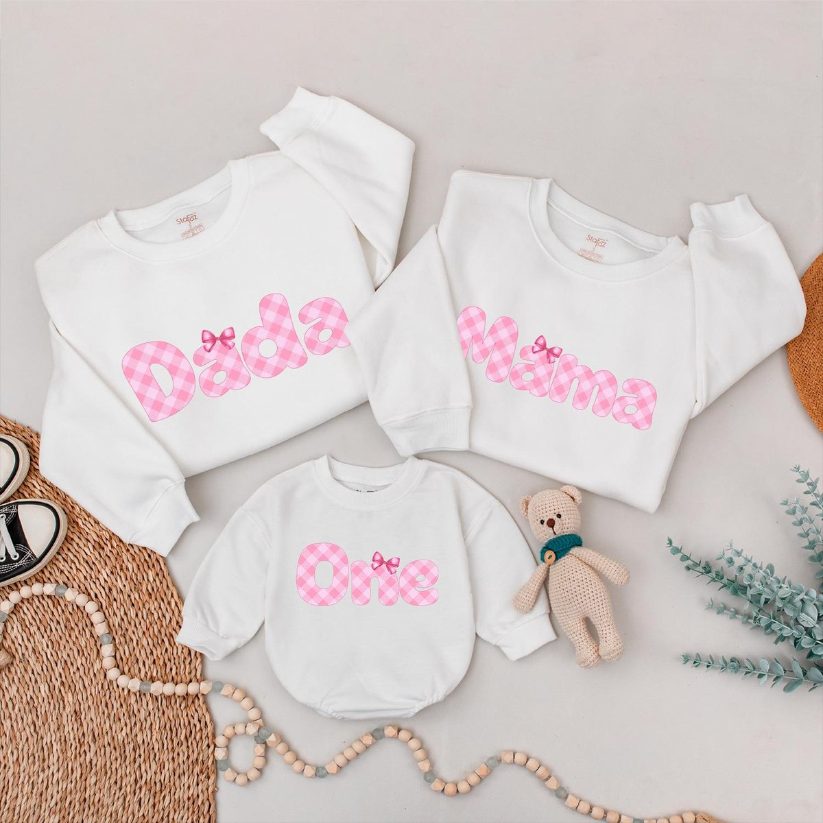 Pink Bow 1st Birthday Family Sweatshirt Girly Birthday Pink 1st Birthday Mom and Daughter Baby Girl 184