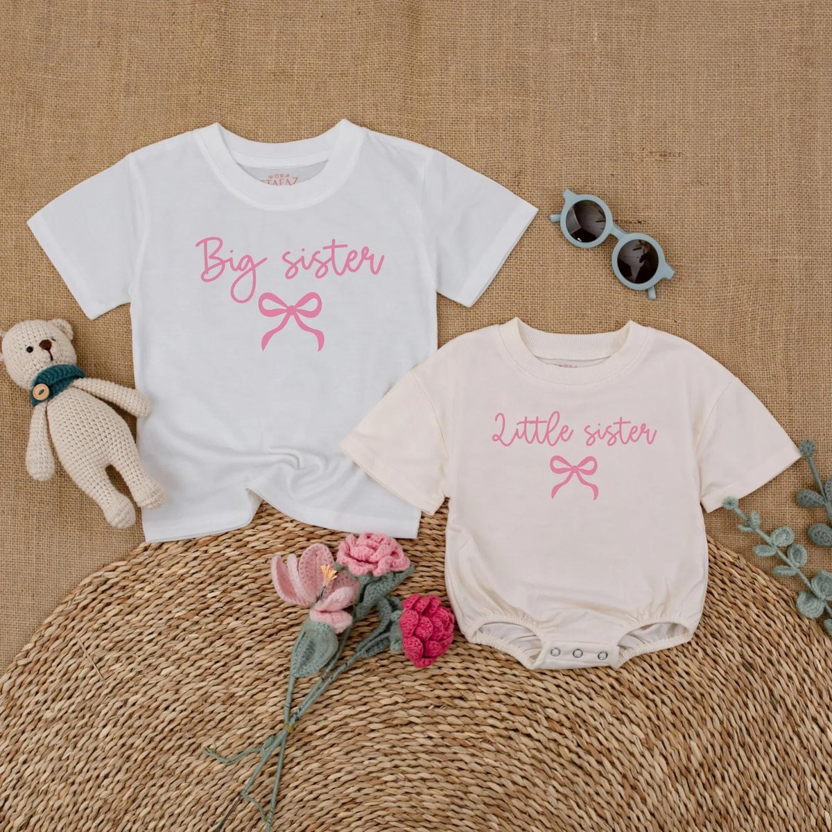 Pink Bow Big Sister Little Sister Matching Shirts Baby Girl Bubble Romper and Toddler T shirt Sister 429