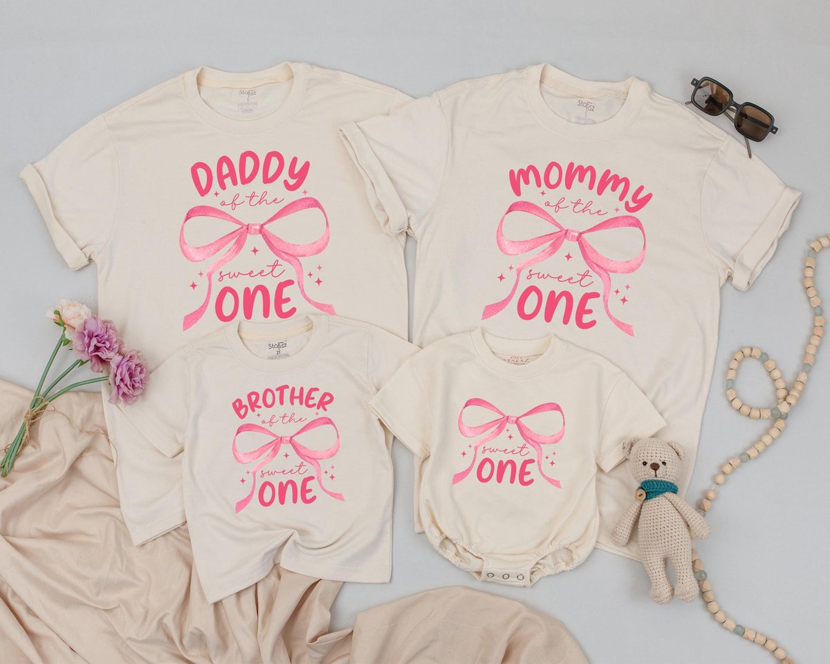 Pink Bow First Birthday Family Shirt Bow 1st Birthday Outfit Birthday Girl Sweet One Birthday Party 187