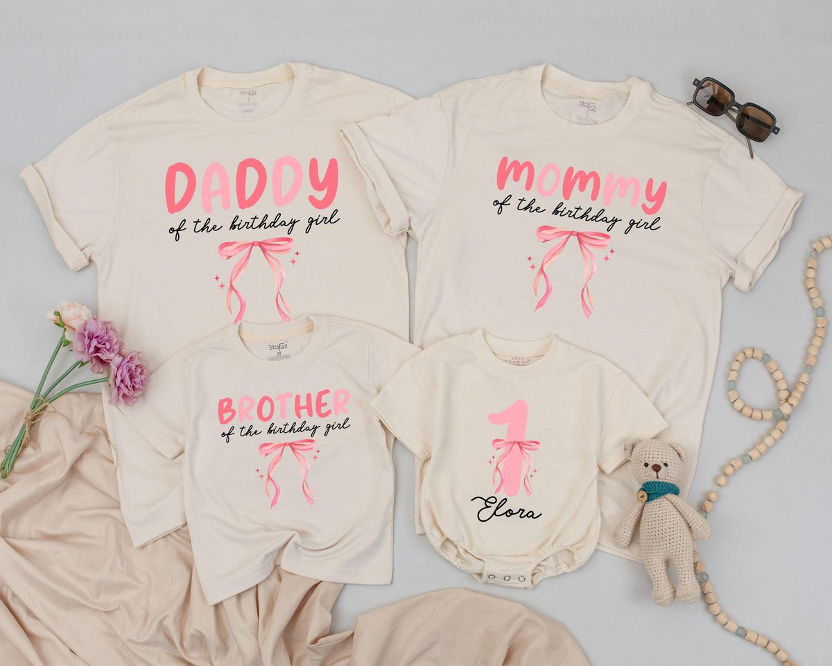 Pink Bow First Birthday Outfit for Girl 1st Birthday Shirt Matching Mom Baby Pink Bow Party Outfit O 186