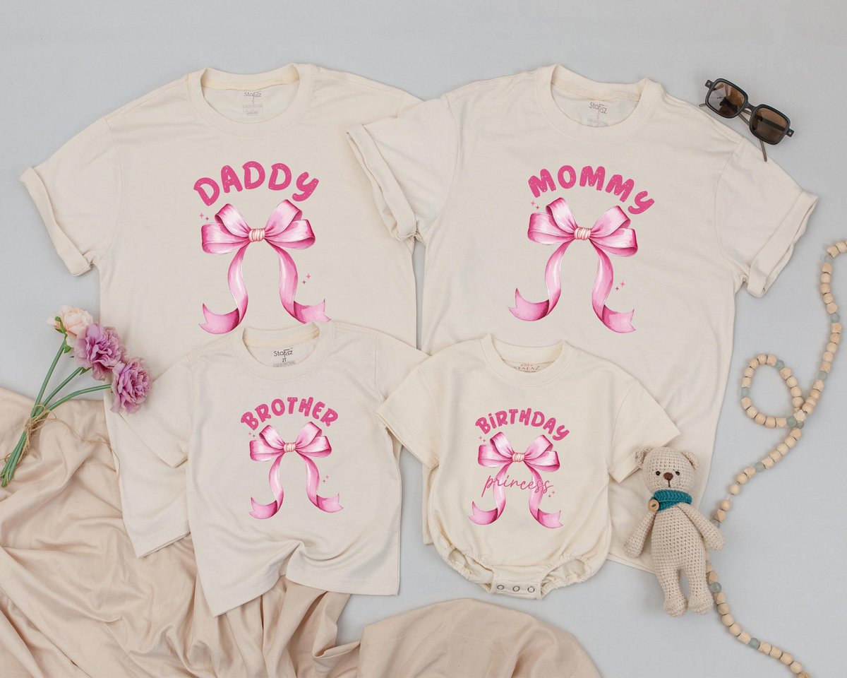 Pink Bow First Birthday Shirt 1st Birthday Girl Outfit Matching Family Birthday Tee Pink Bow Party S 186