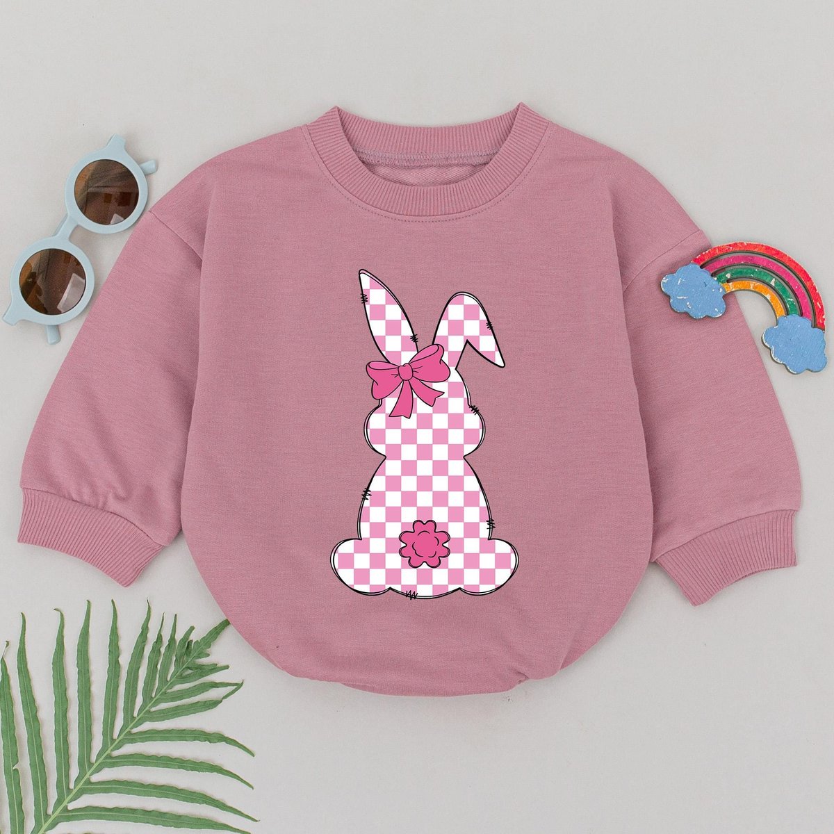 Pink Checkered Easter Bunny Romper Retro Easter Day Romper Little Bunny Bodysuit First Easter Outfit