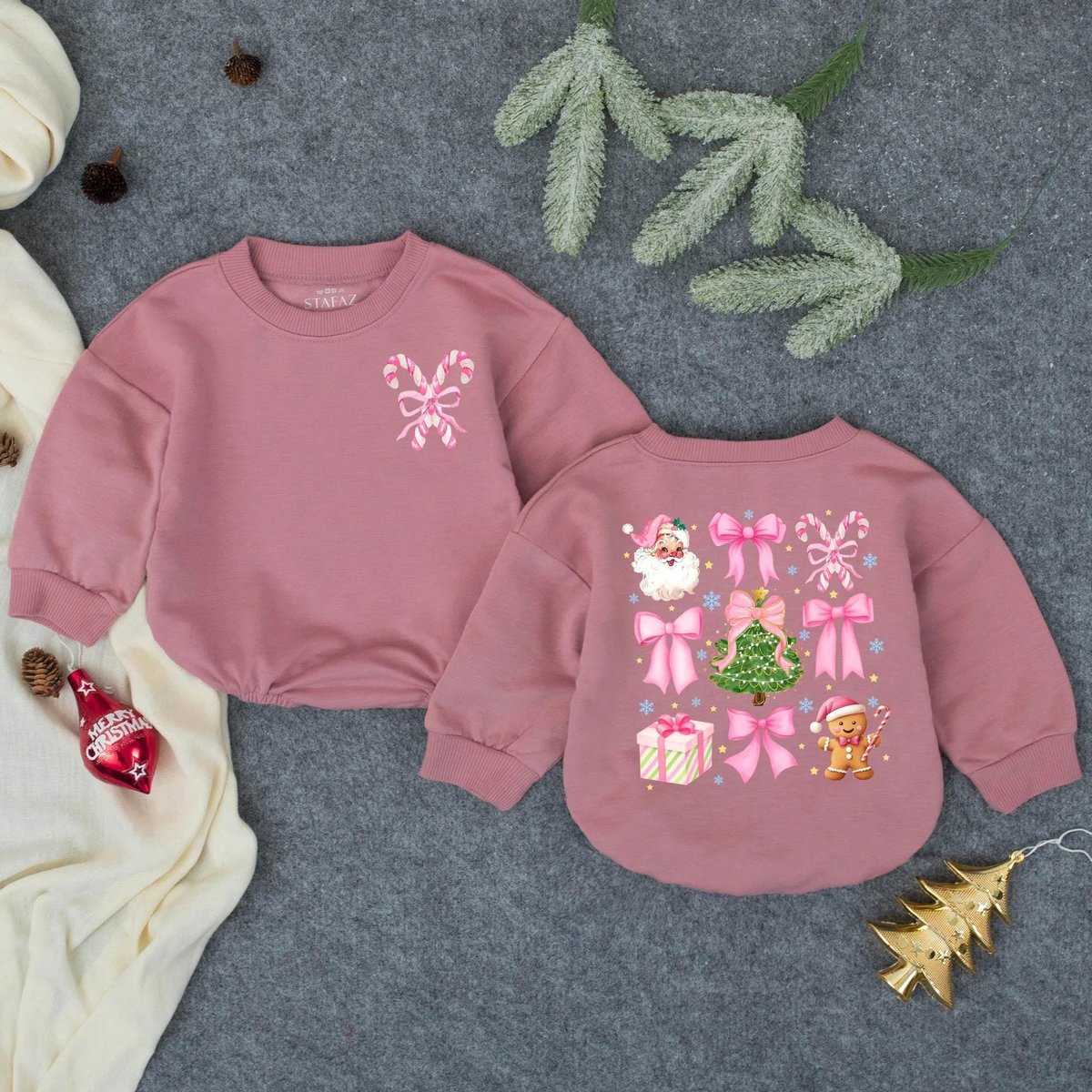 Pink Christmas Bow Bubble Romper Girly Christmas Bodysuit Baby Clothes Christmas Baby Shower Gift Fi 435