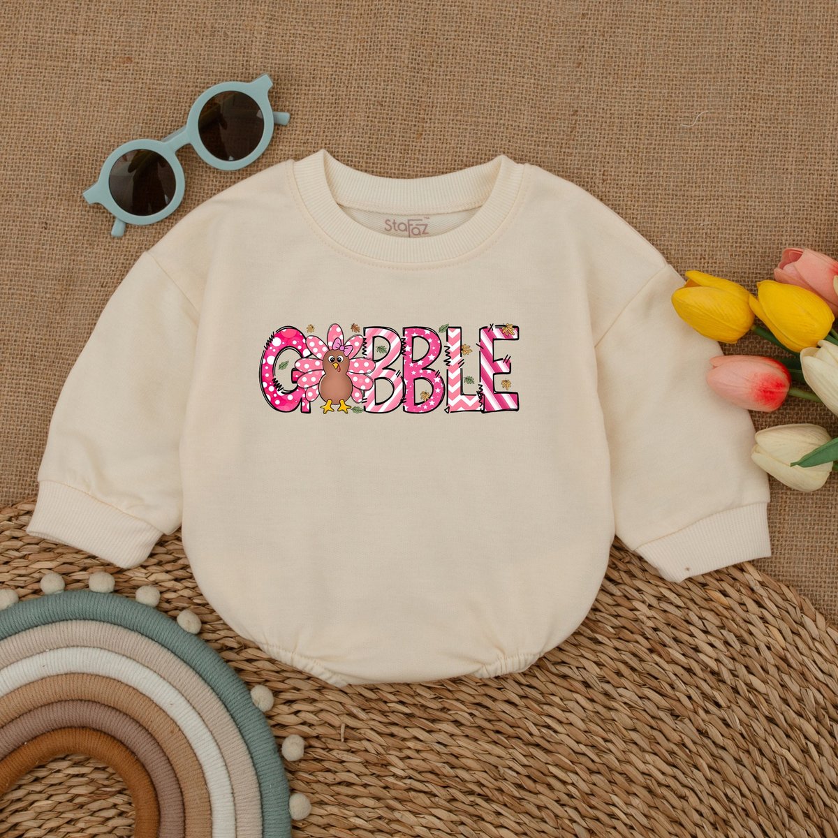 Pink Gobble Baby Romper Fall Baby Bodysuit Retro Thanksgiving Baby Bodysuit Fall Baby Outfit Autumn 176