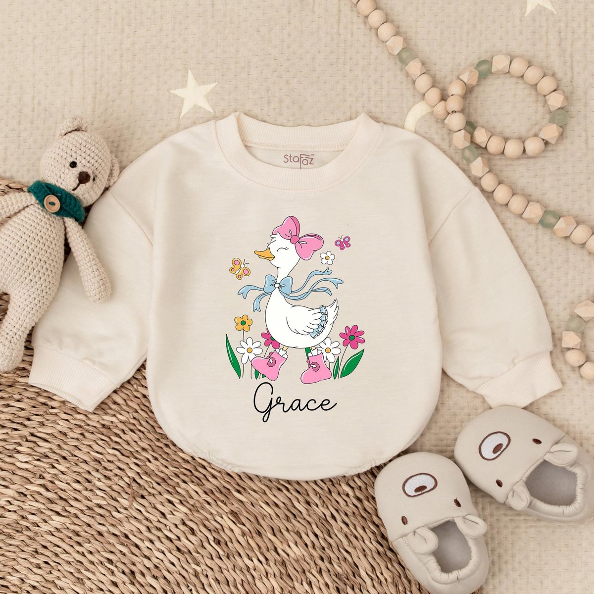 Pink Goose Short Sleeves Romper Spring Floral Goose Bay Clothes Coming Home Baby Girl Clothes Funny