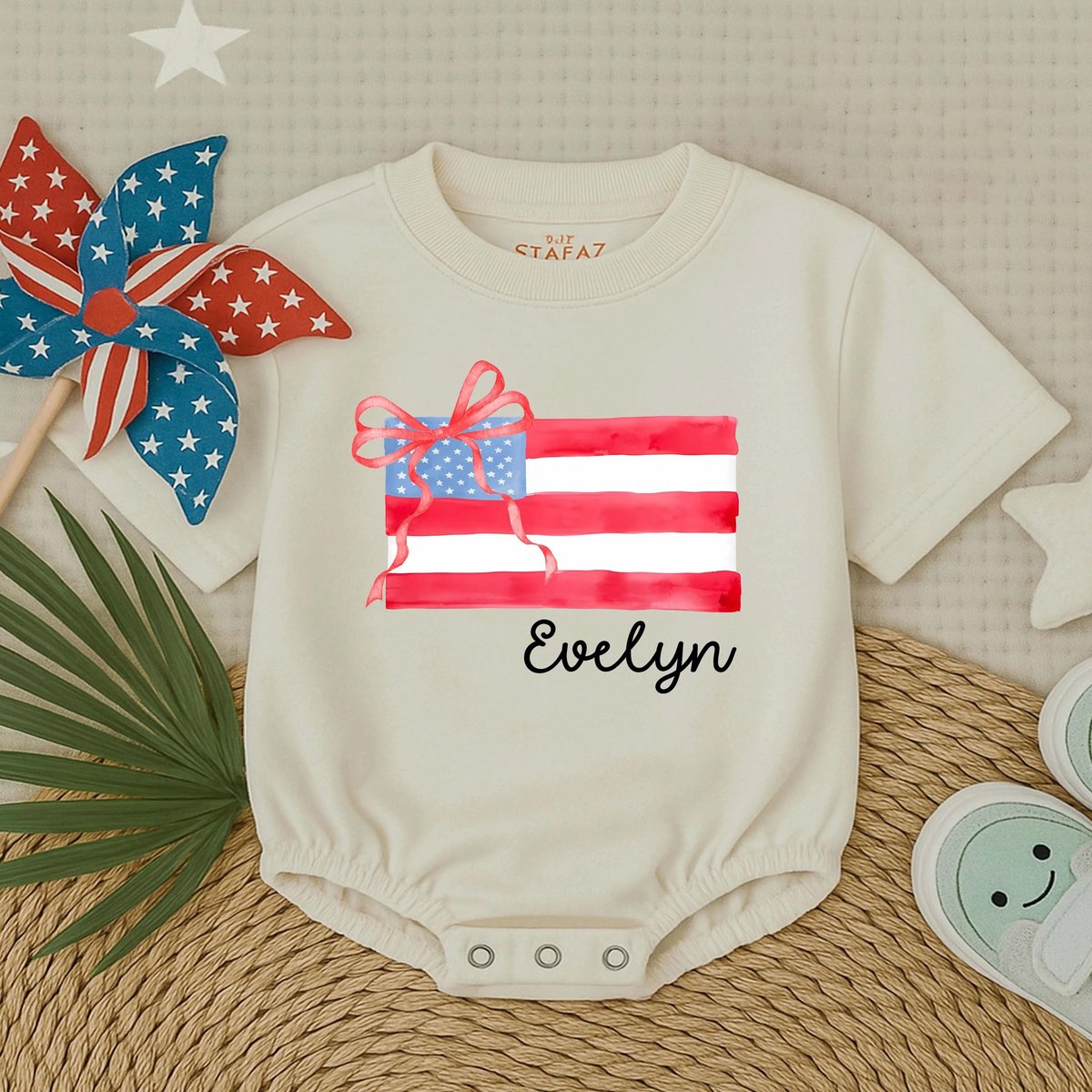 Preppy American Flag Baby Girl Outfit Patriotic Bow Short Sleeve Bubble Romper 4th of July Baby Romp