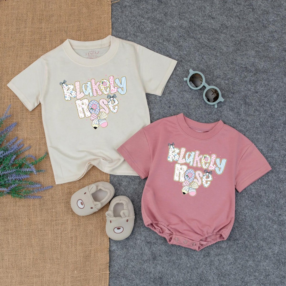 Preppy Back to School Outfit for Girls Custom Name Toddler Shirt or Romper Floral First Day of Schoo 431