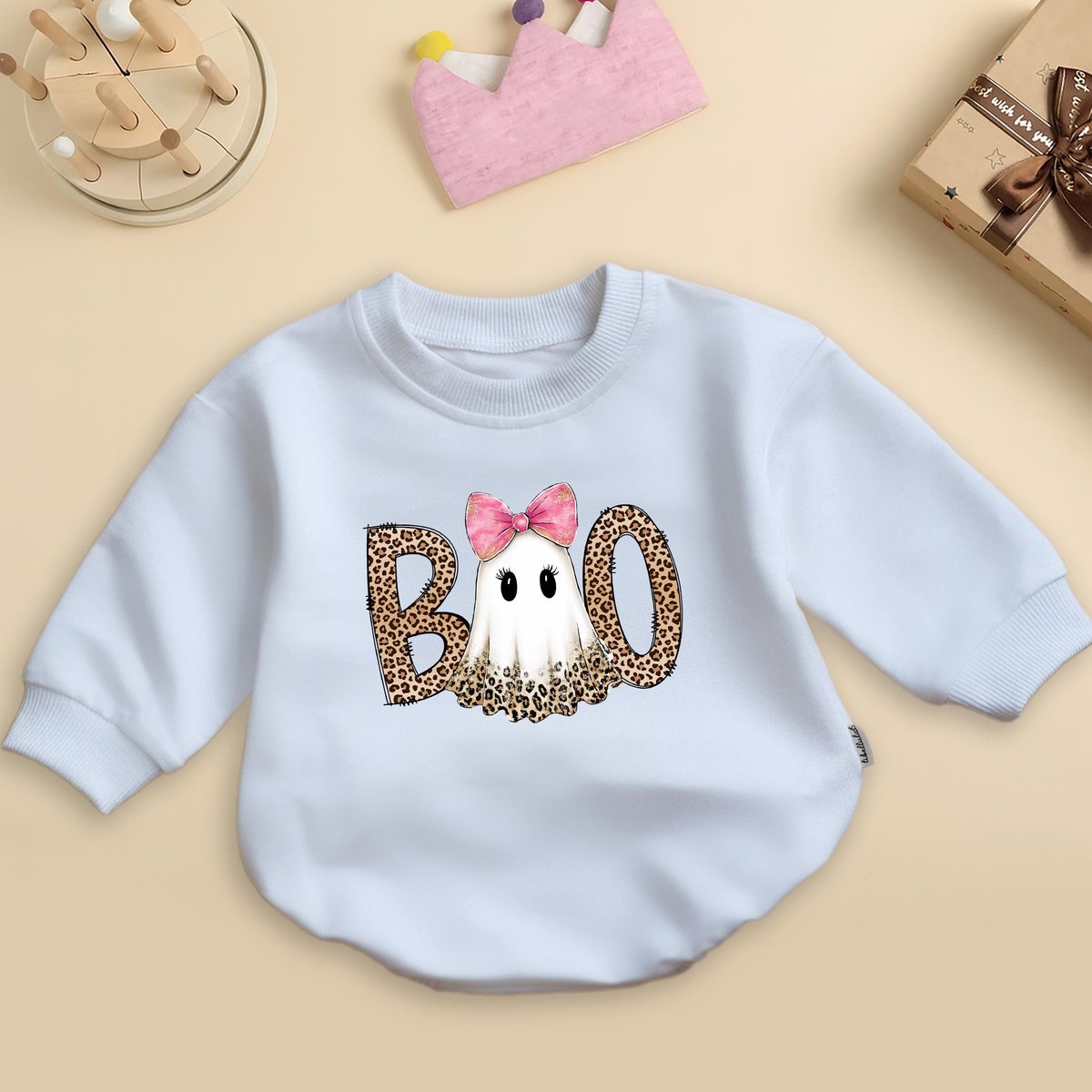 Preppy Ghost Boo Baby Romper Leopard Spooky Coquette Leopard Ghost Baby Outfit Halloween Baby Shower 437