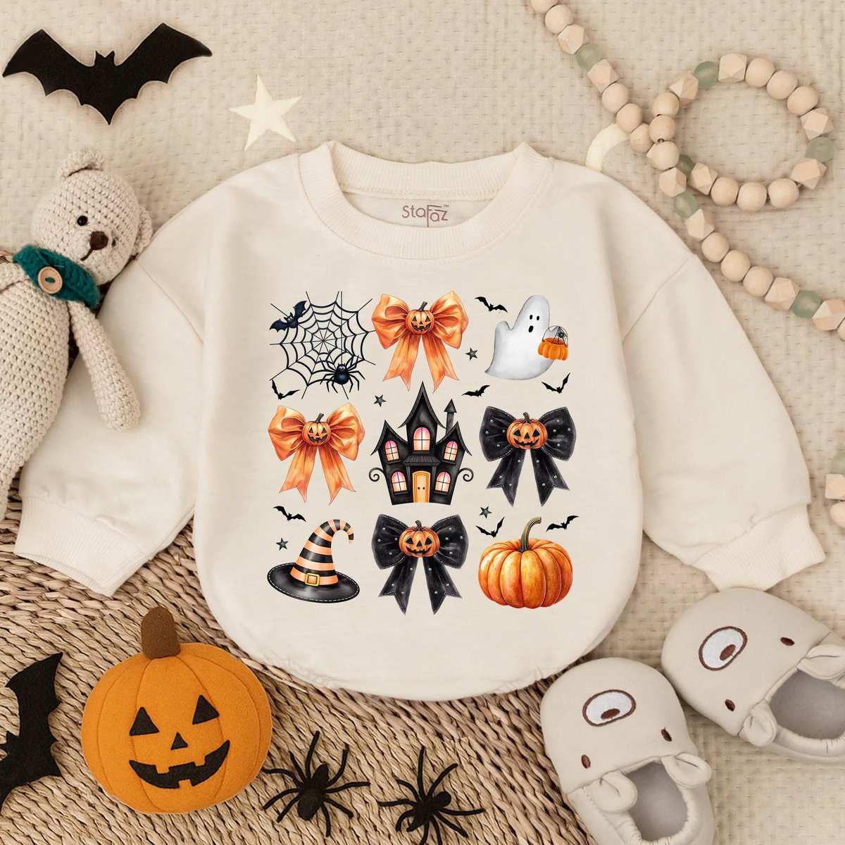 Preppy Halloween Spooky Baby Bubble Romper Cute Ghost Pumpkin Oversized Bodysuit Fall Outfit for