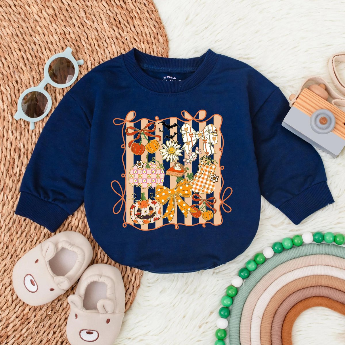 Pumpkin Glitter Floral Girly Autumn Long Sleeve Bubble Romper Baby Girl First Thanksgivin Outfit Tod 432