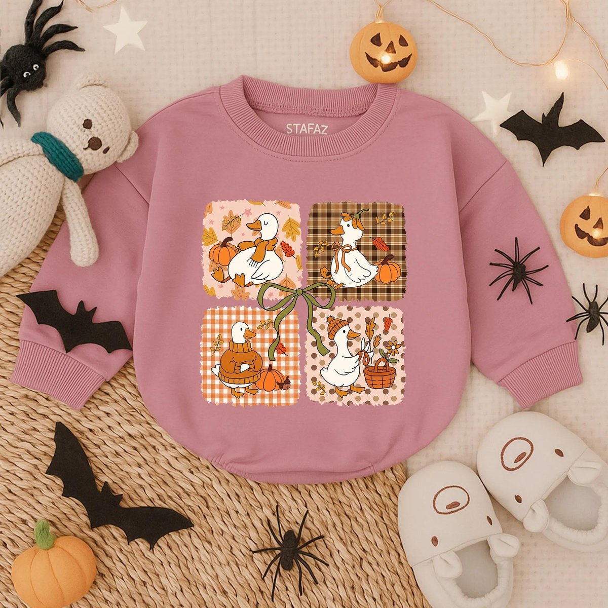 Pumpkin Spice Goose Sweatshirt Bubble Romper Fall Baby Outfit Autumn Leaves Latte Baby Girl Clothes